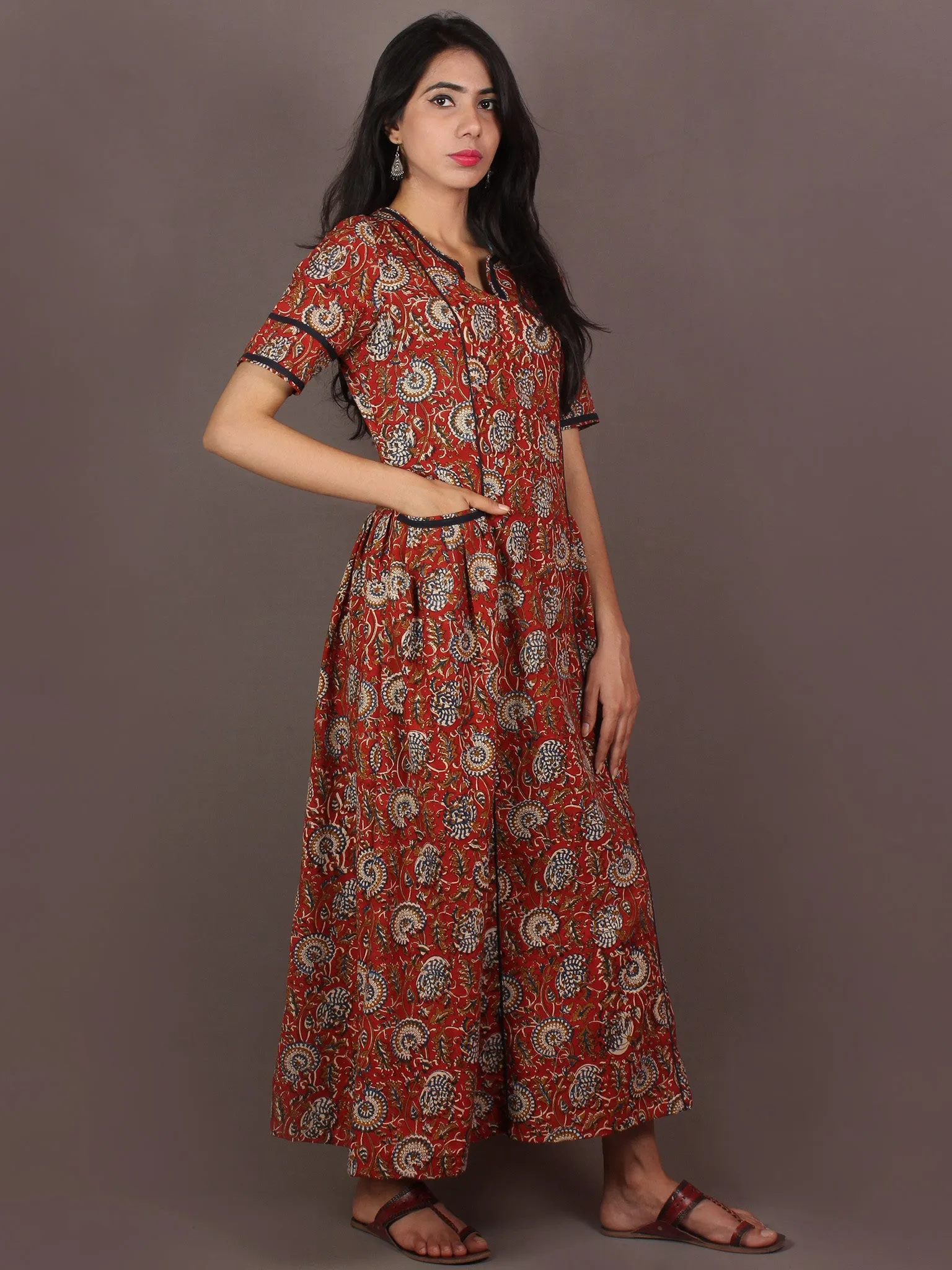 Red Indigo Beige Hand Block Printed Long Cotton Panel Dress With Front Pockets - D2142701