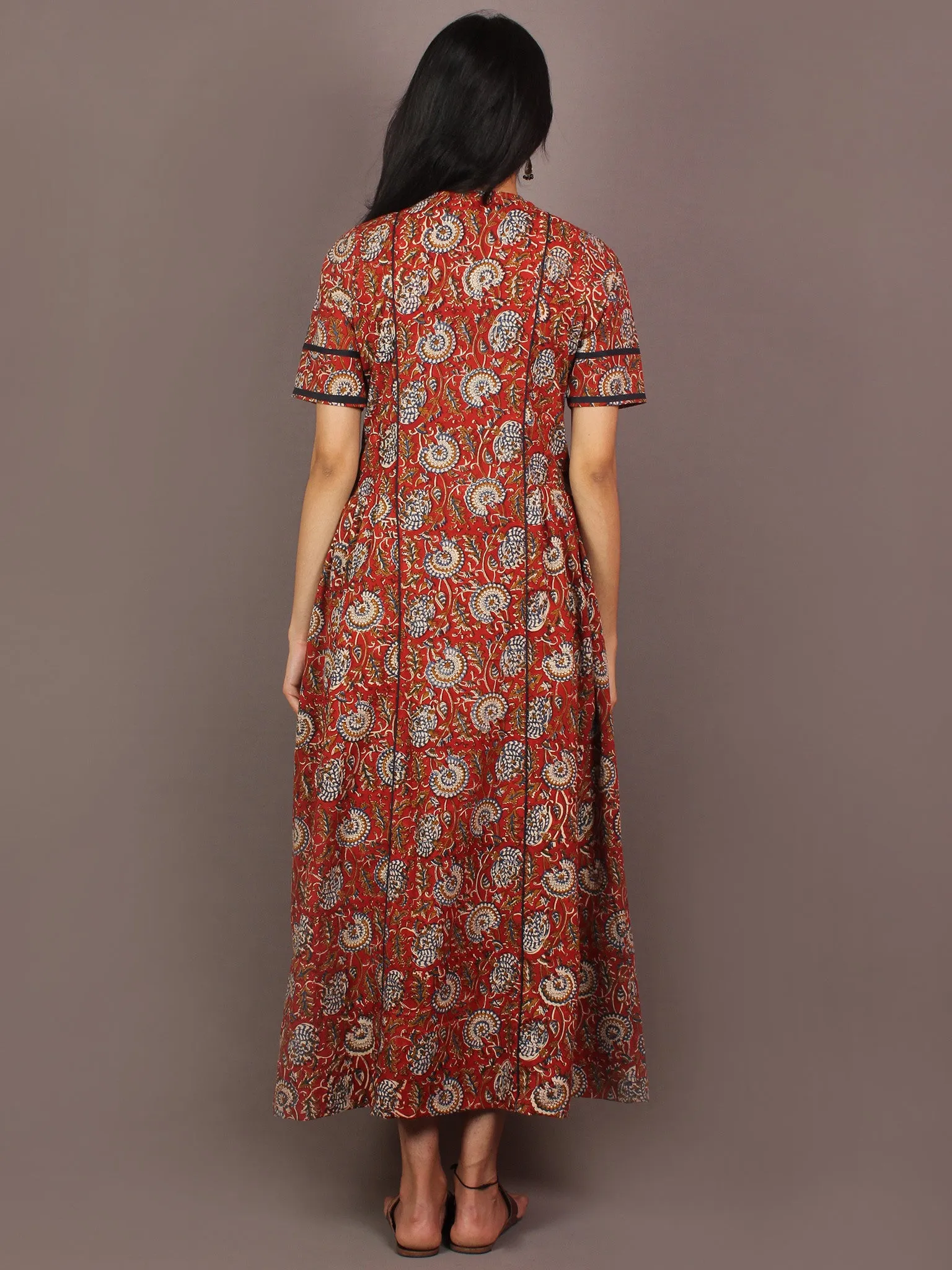 Red Indigo Beige Hand Block Printed Long Cotton Panel Dress With Front Pockets - D2142701