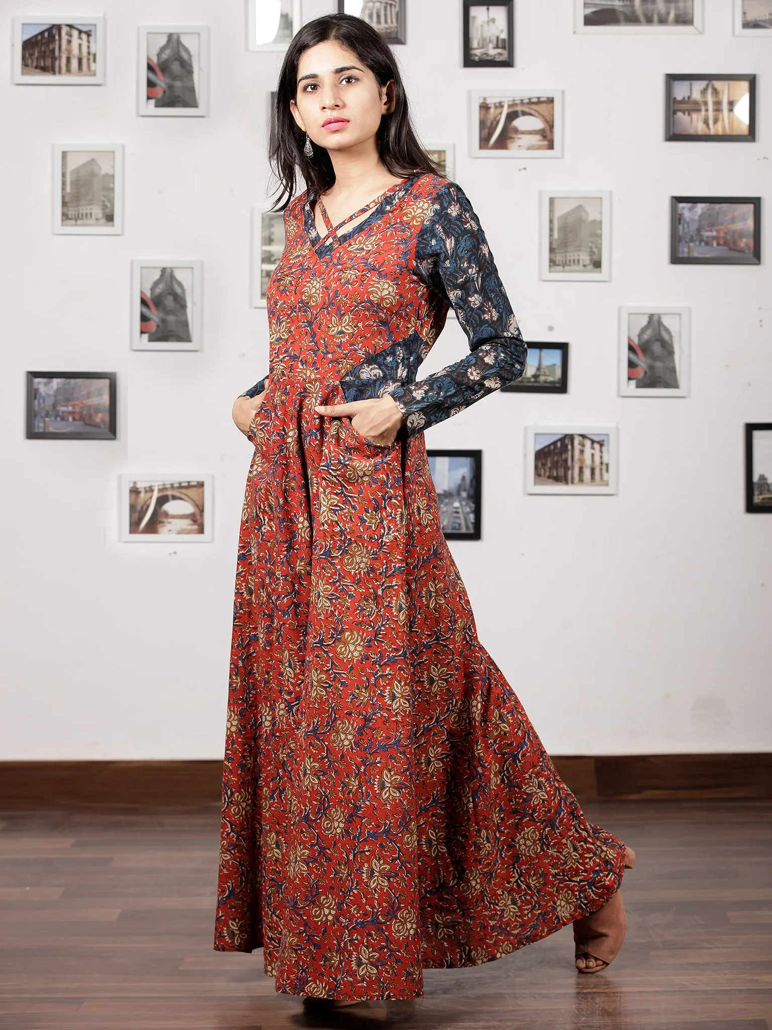 Red Indigo Ivory Hand Block Printed Long Cotton Dress With Pockets - D213F1218