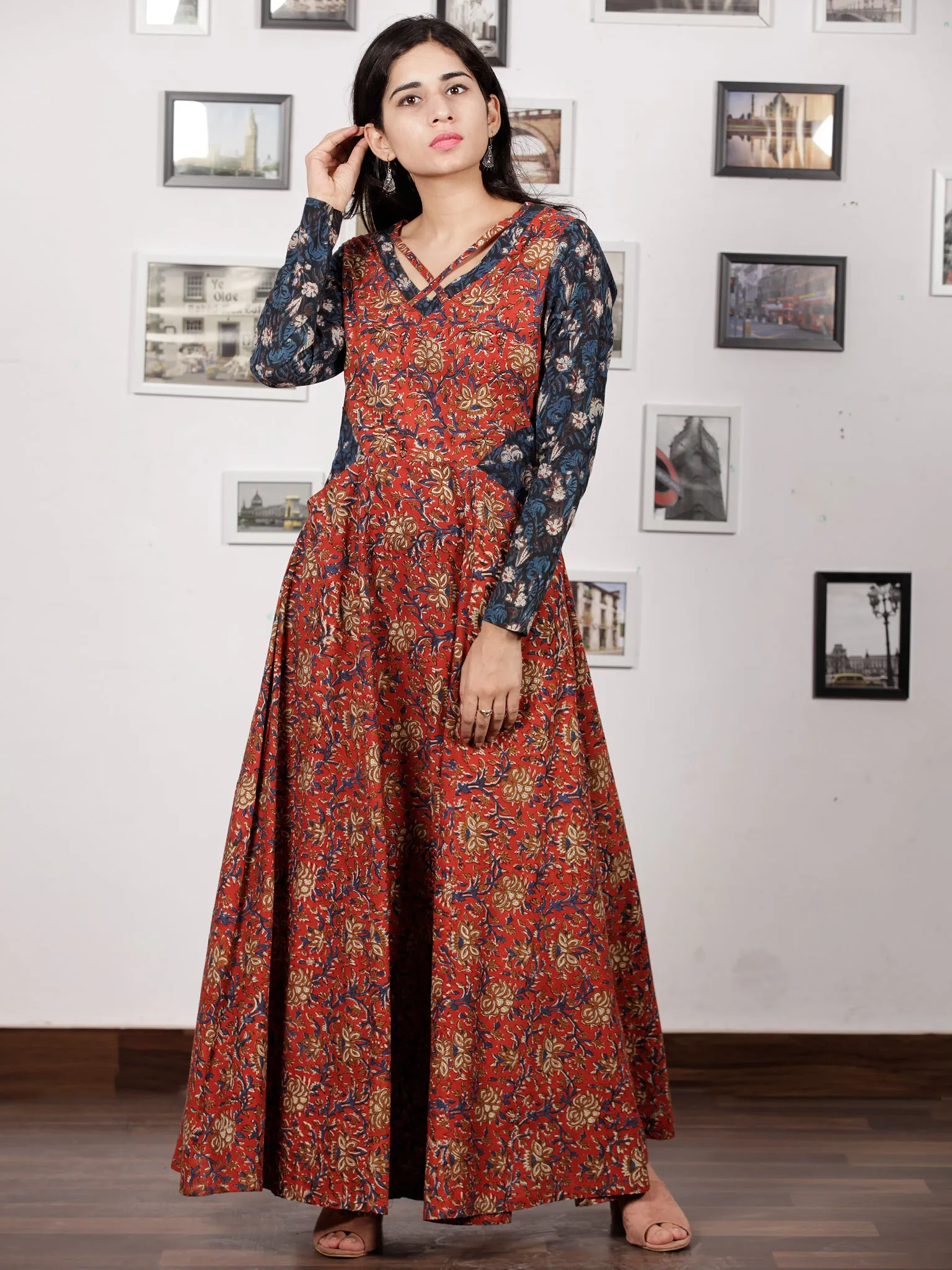 Red Indigo Ivory Hand Block Printed Long Cotton Dress With Pockets - D213F1218