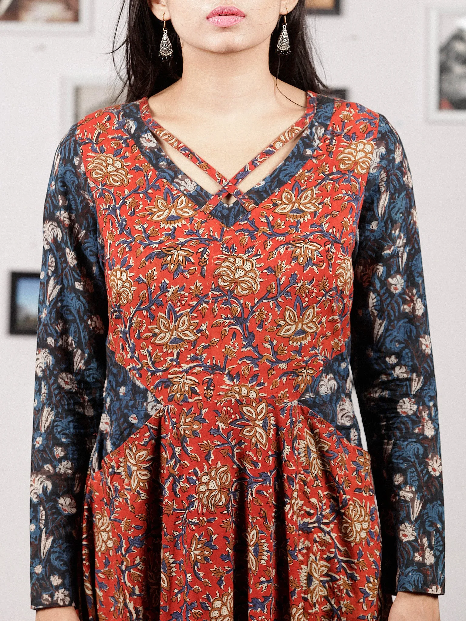 Red Indigo Ivory Hand Block Printed Long Cotton Dress With Pockets - D213F1218