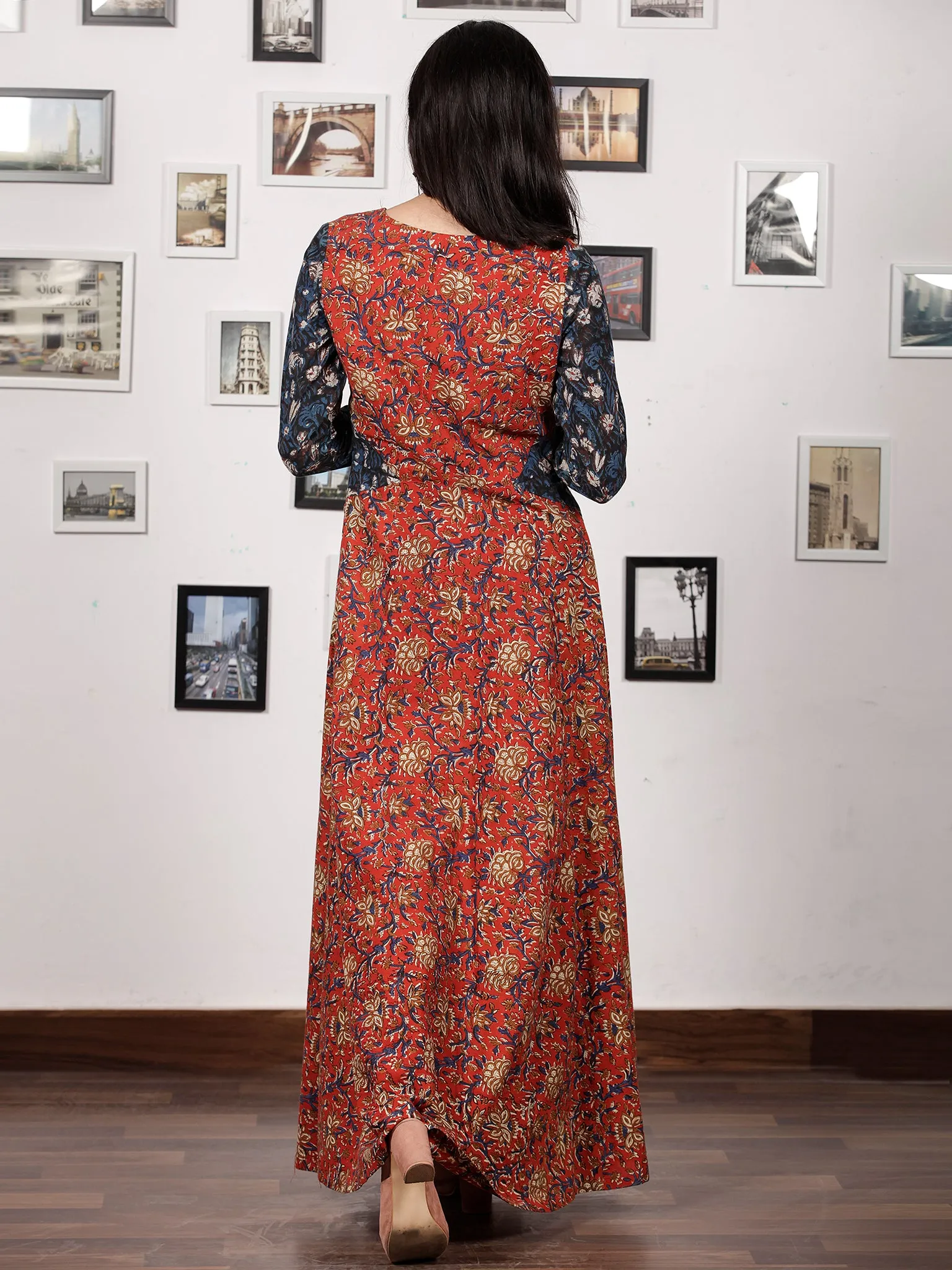 Red Indigo Ivory Hand Block Printed Long Cotton Dress With Pockets - D213F1218