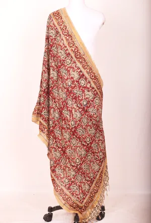 Red, ivory and blue hand printed kalamkari silk dupatta