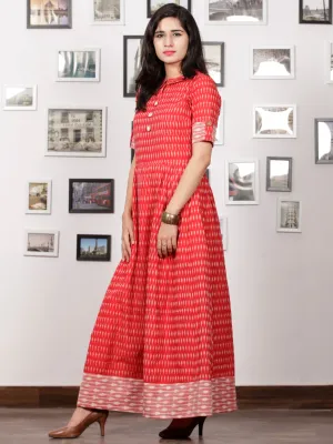 Red Ivory Wine Pink Handloom Mercerised Ikat Long Cotton Dress With Kalamkari Patch Work - D281F1267