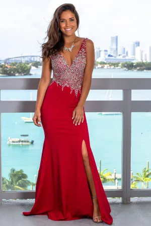 Red Jeweled Top Maxi Dress with Open Back