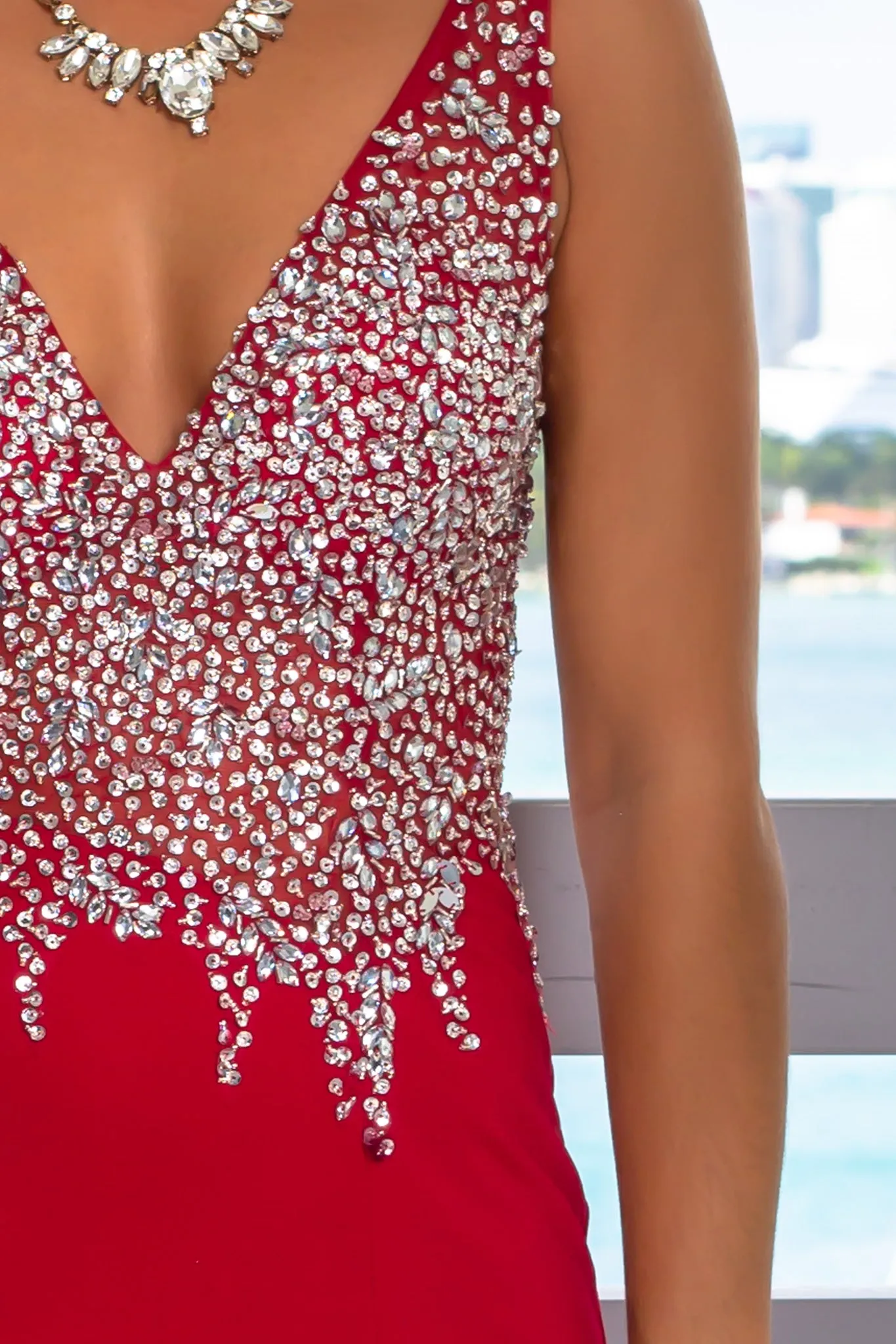 Red Jeweled Top Maxi Dress with Open Back