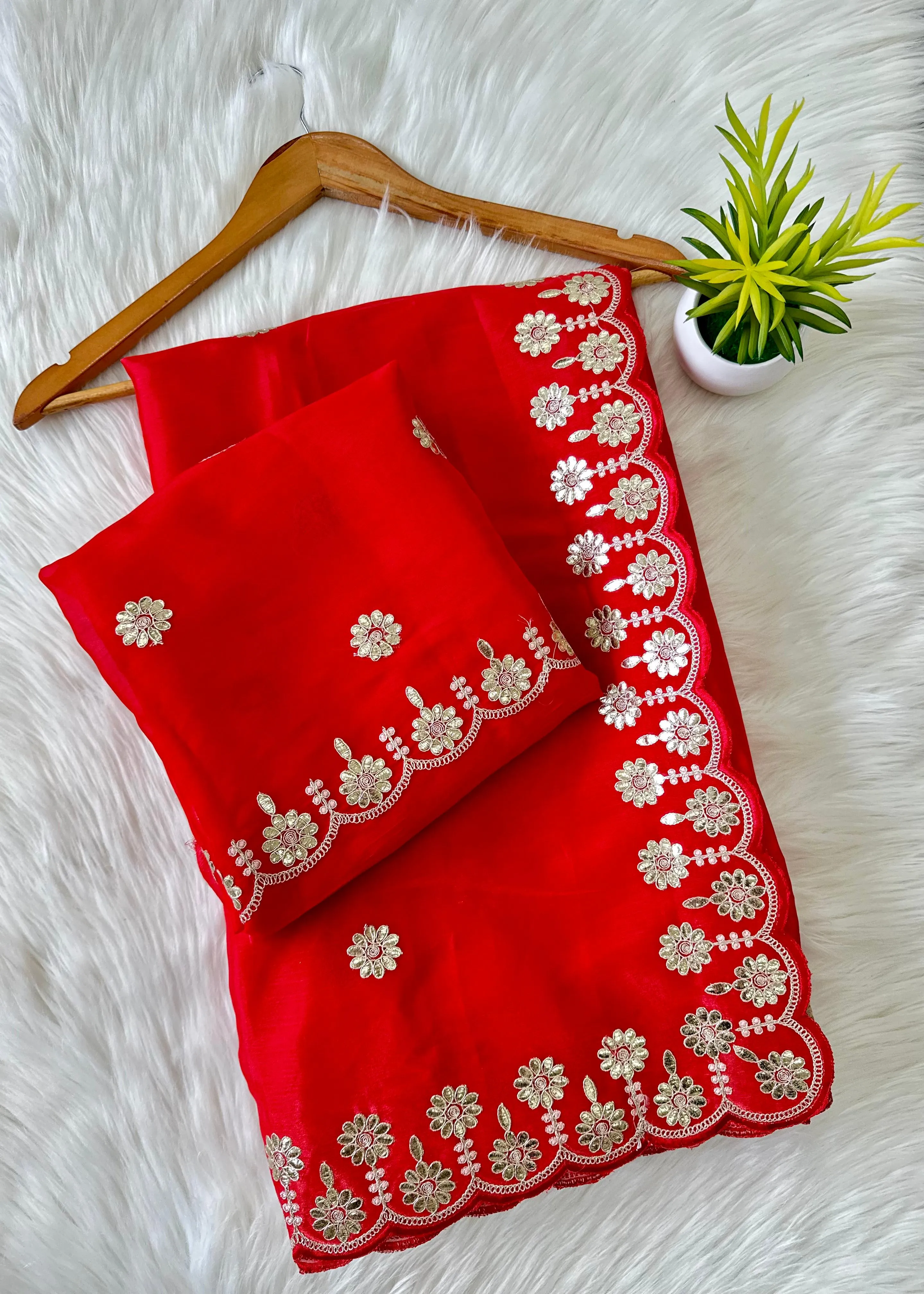 Red Jimmy Choo Saree with Beautiful Jaipuri Gota Work – Complete with Matching Running Blouse