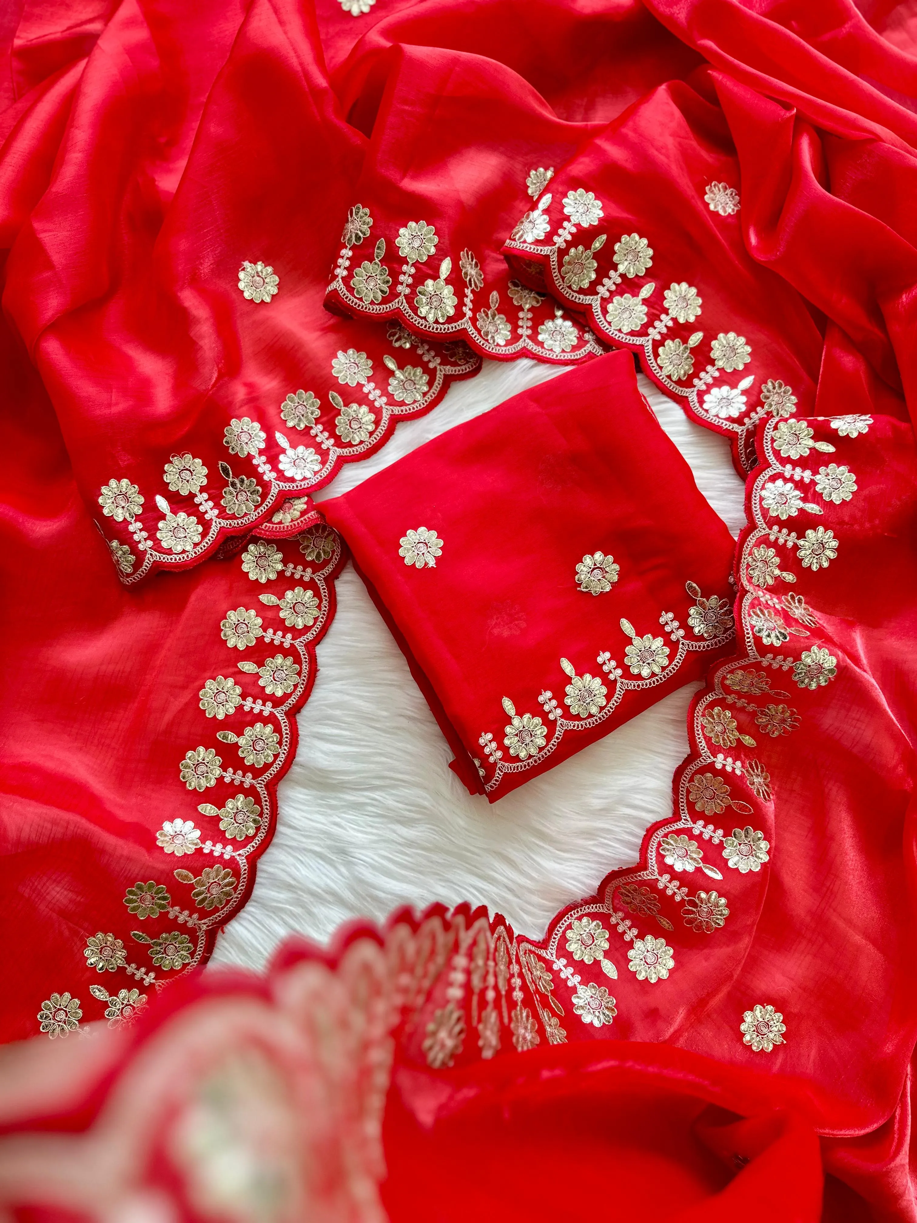 Red Jimmy Choo Saree with Beautiful Jaipuri Gota Work – Complete with Matching Running Blouse