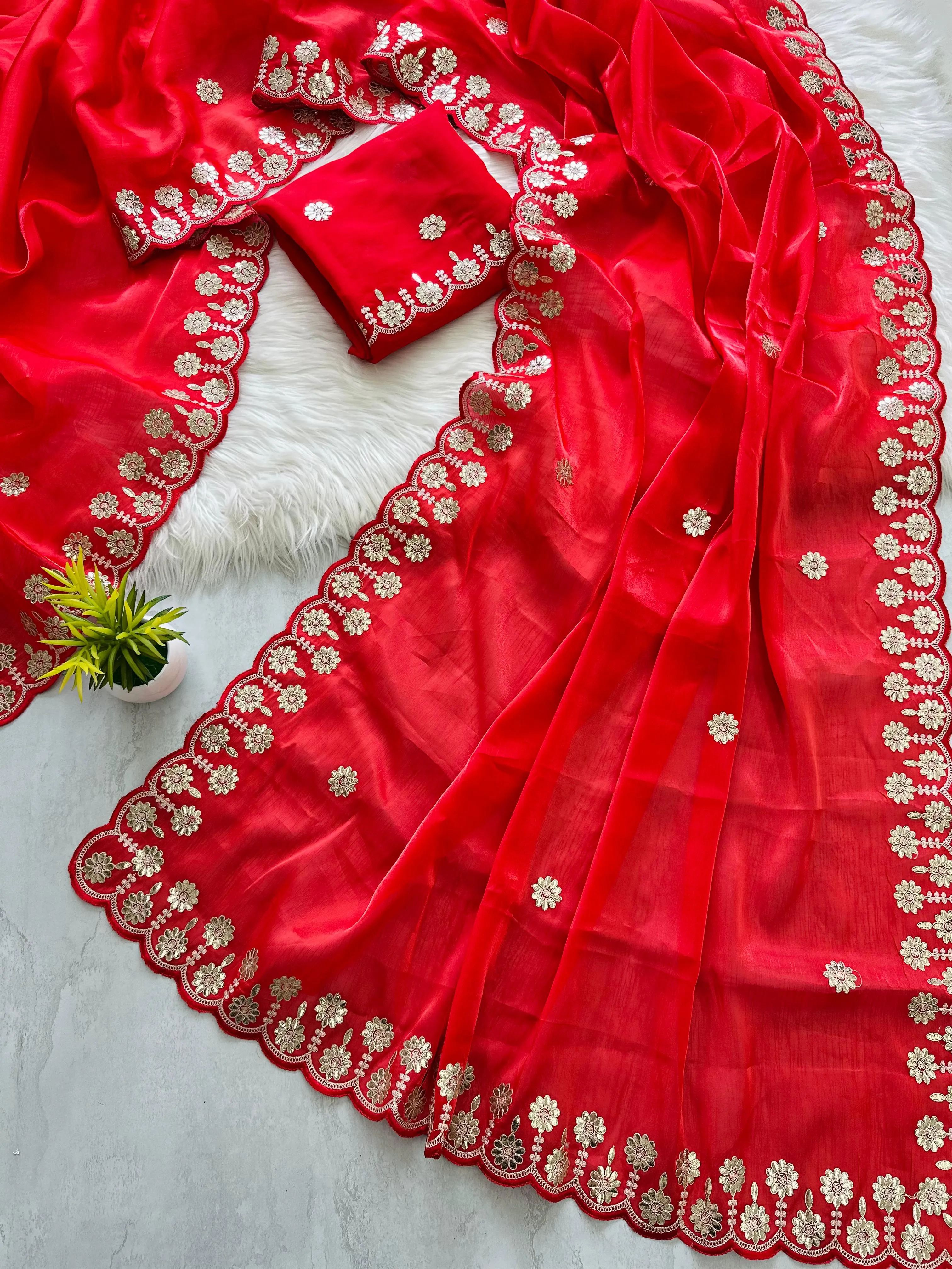 Red Jimmy Choo Saree with Beautiful Jaipuri Gota Work – Complete with Matching Running Blouse