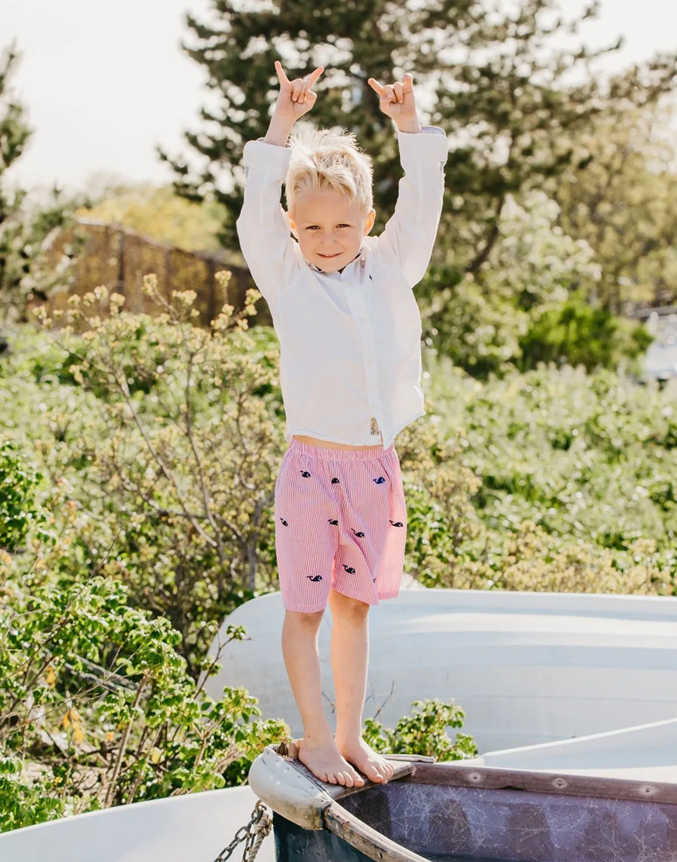 Red Kids Seersucker Shorts with Navy Embroidered Whales