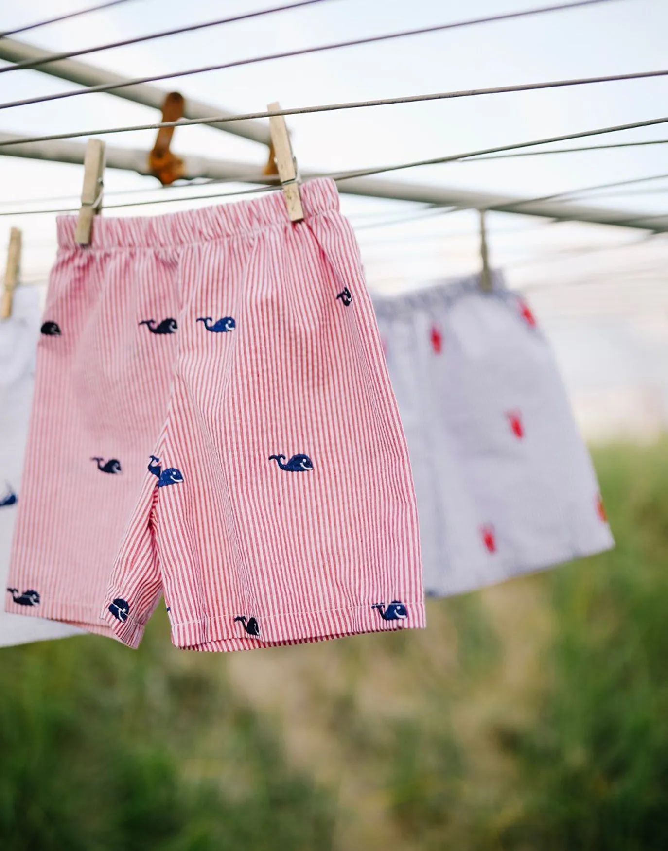 Red Kids Seersucker Shorts with Navy Embroidered Whales