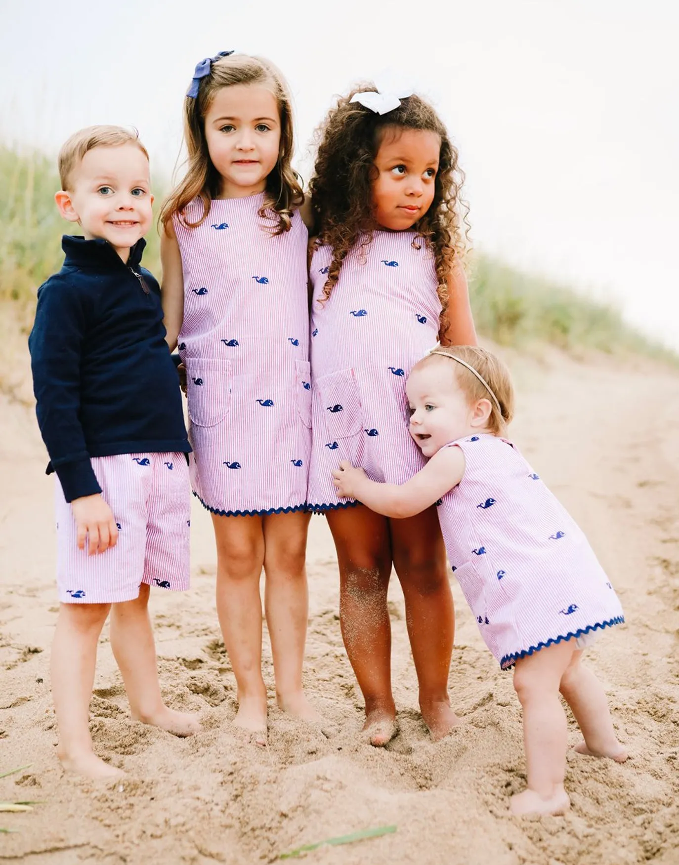 Red Kids Seersucker Shorts with Navy Embroidered Whales