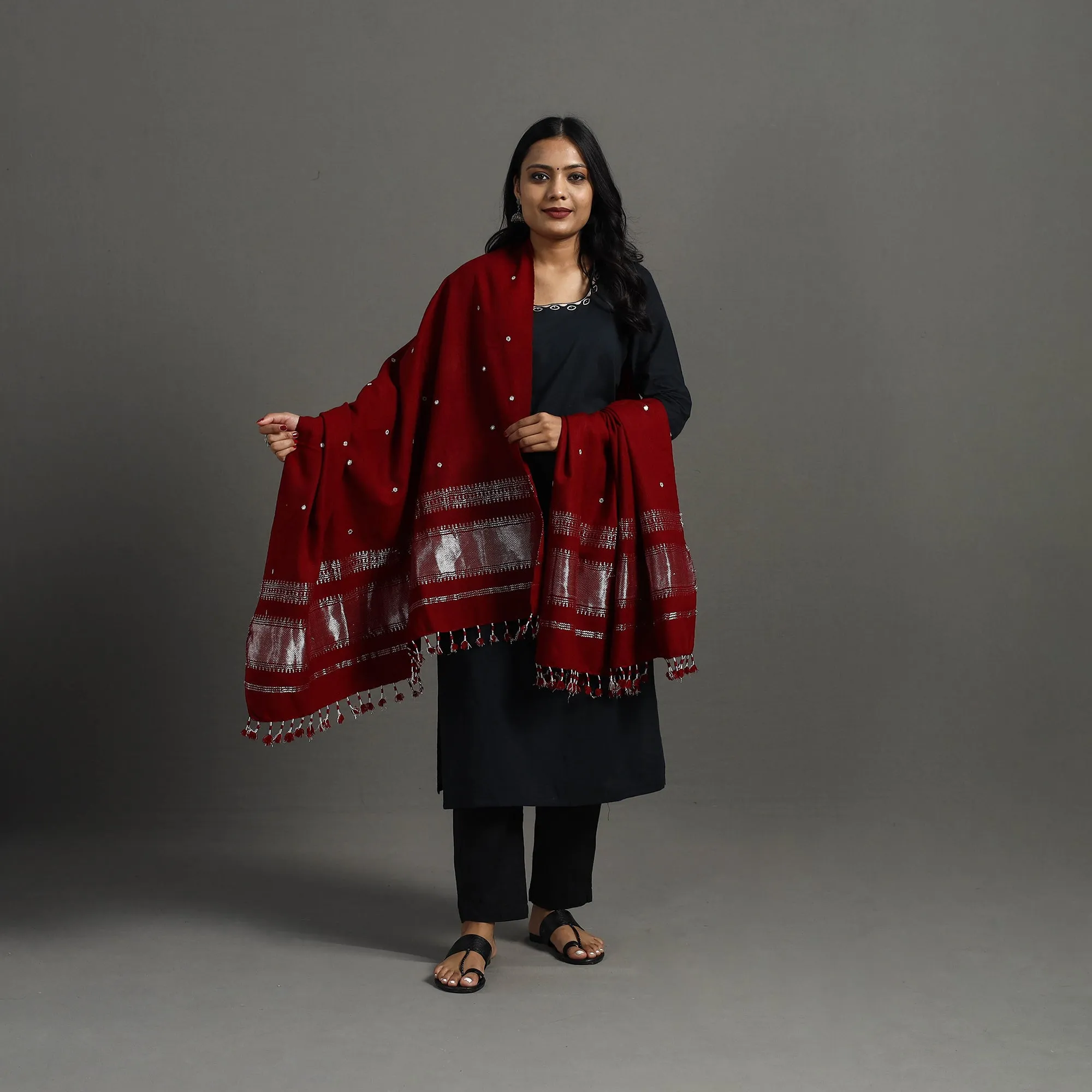 Red - Kutch Zari Hand Embroidery Mirror Work Woollen Shawl 138