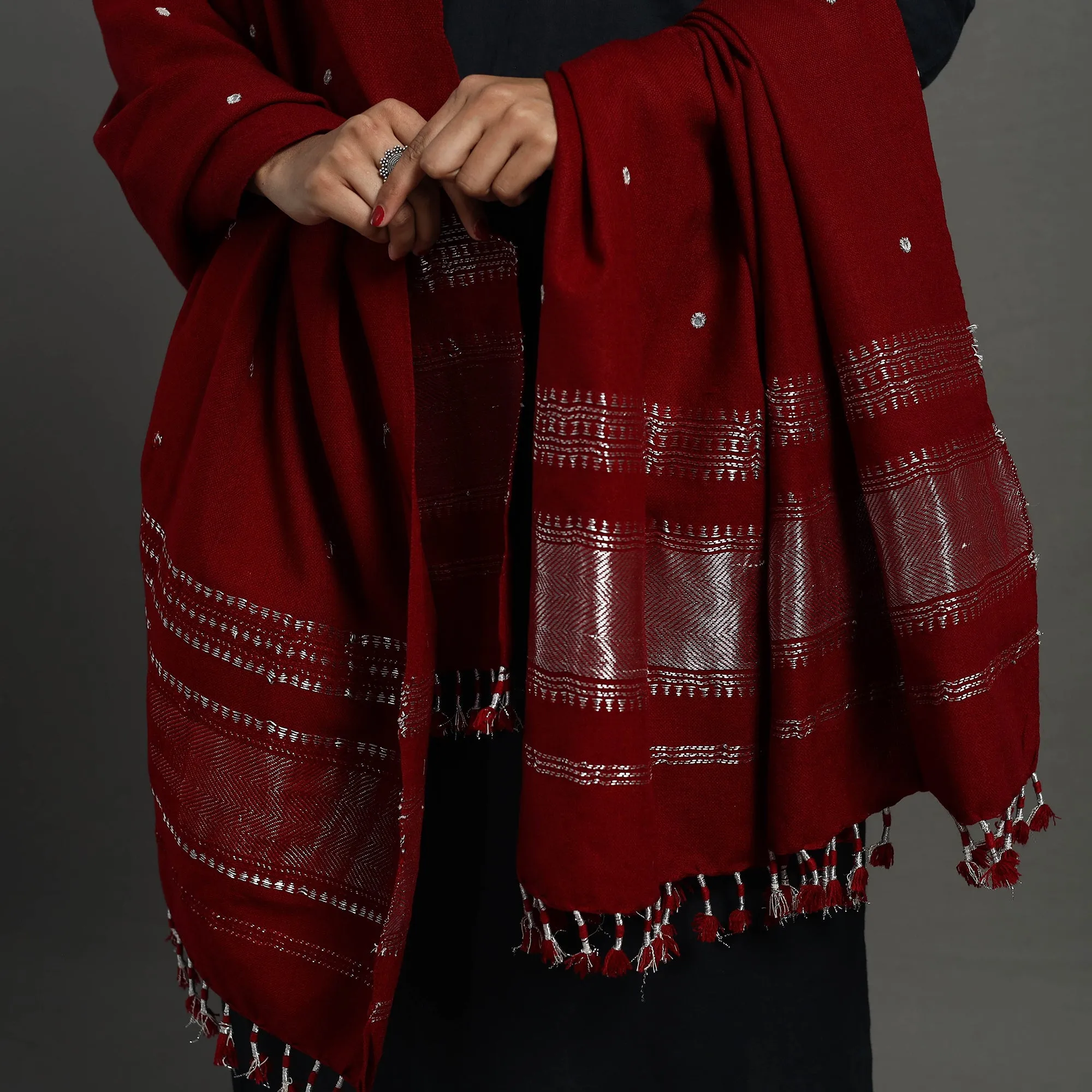 Red - Kutch Zari Hand Embroidery Mirror Work Woollen Shawl 138