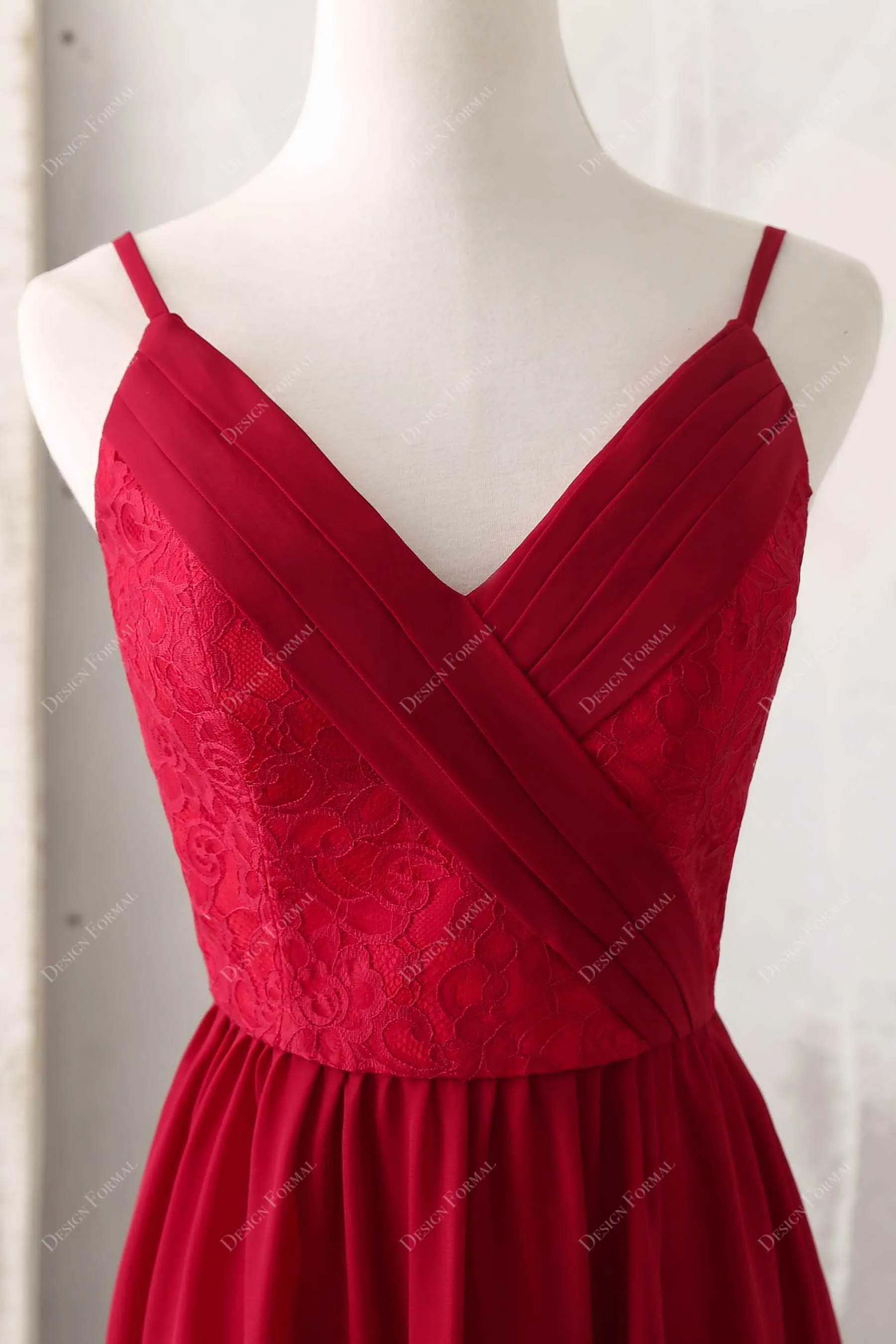 Red Lace Chiffon Thin Straps A-line Elegant Long Formal Gown