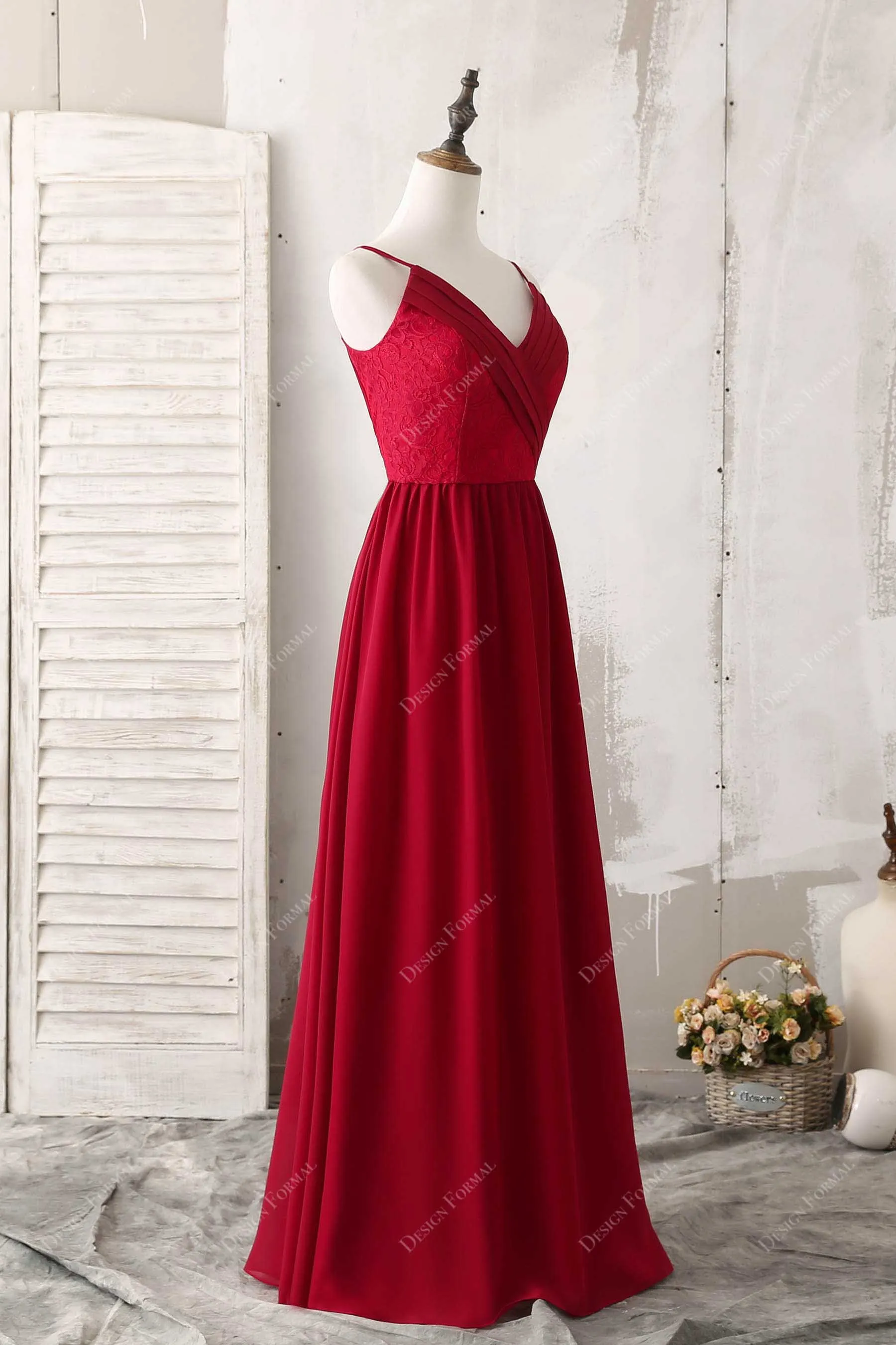 Red Lace Chiffon Thin Straps A-line Elegant Long Formal Gown