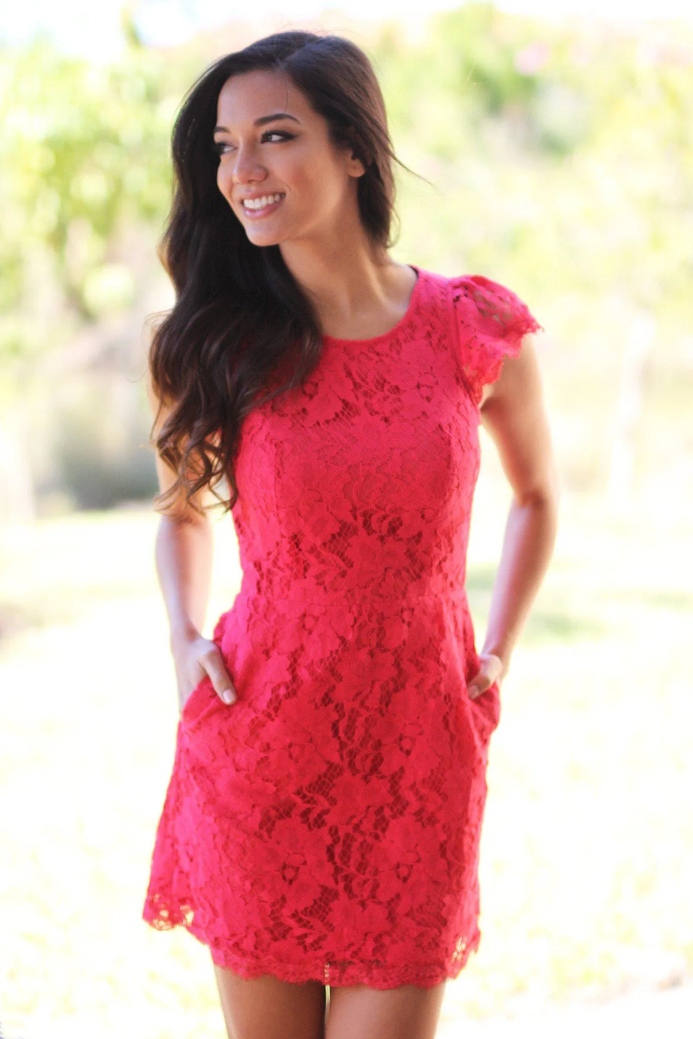 Red Lace Dress with Pockets