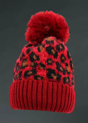 Red Leopard Pom Pom Kat Beanie Hat