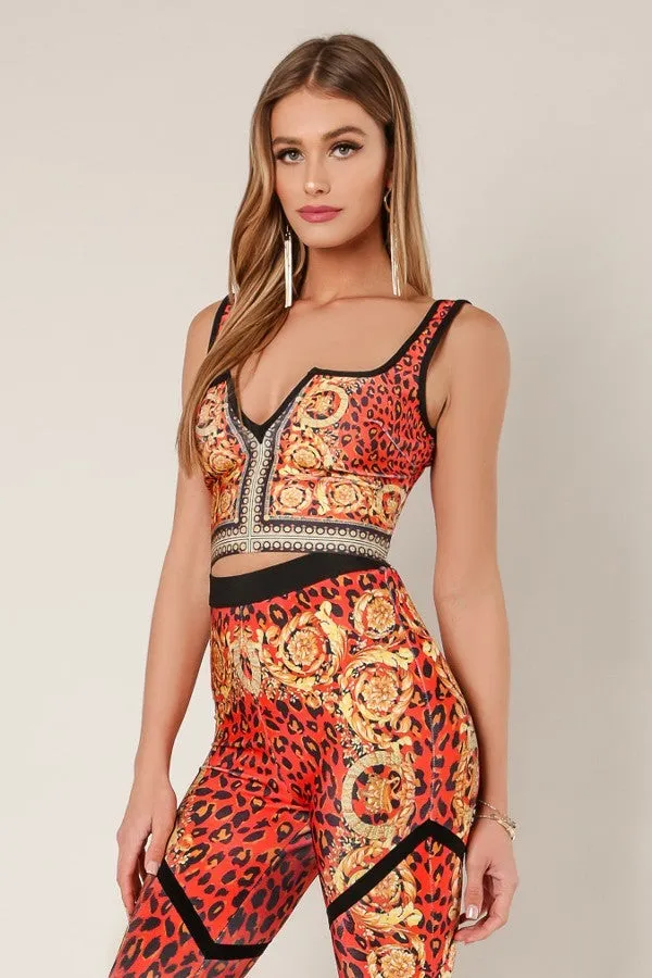 Red Leopard Print V-Neck Bandage Tank Crop Top