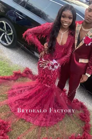 Red Long Sleeve Plunging Feathered Trumpet Prom Dress