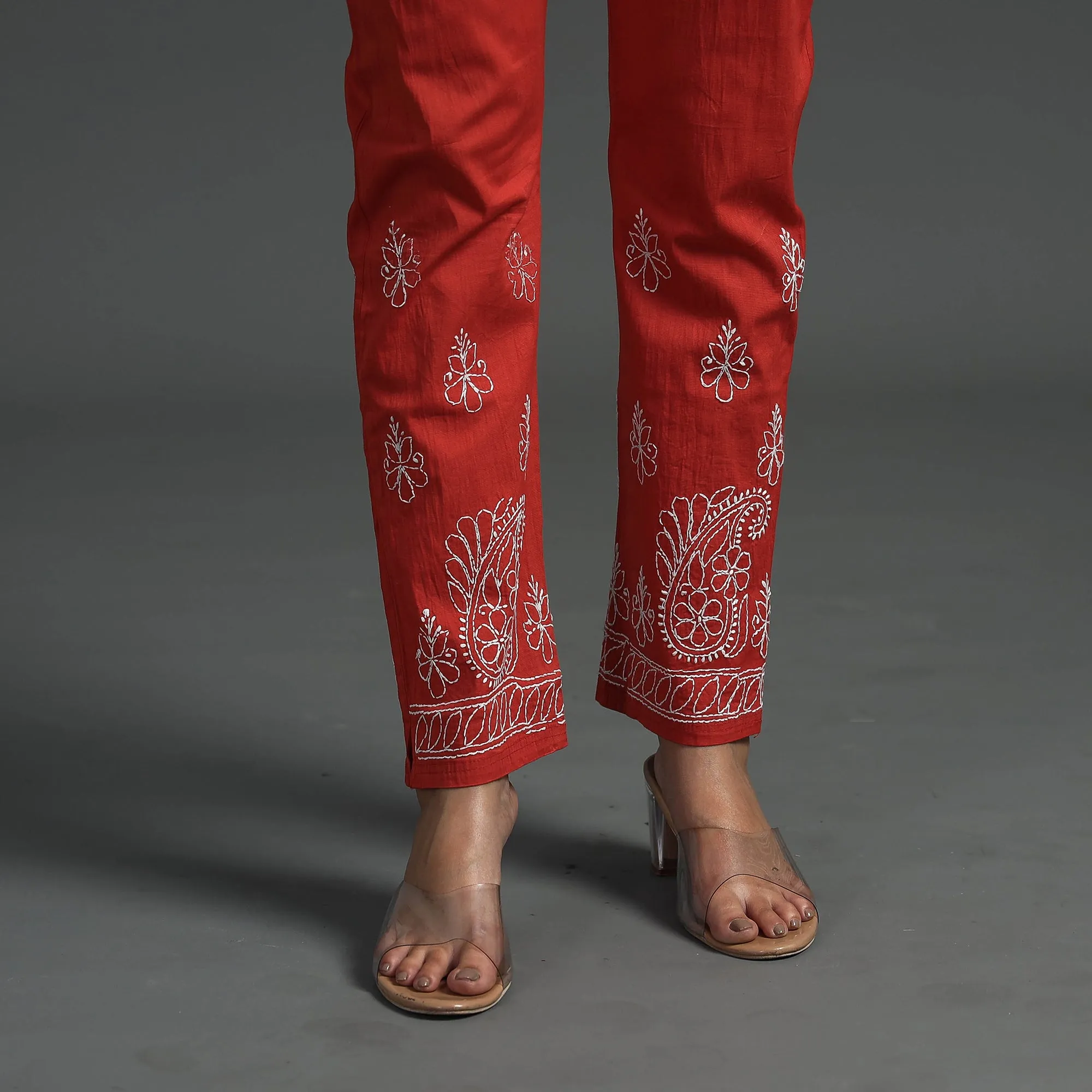 Red - Lucknow Chikankari Hand Embroidery Cotton Lycra Cropped Pant (Free Size)