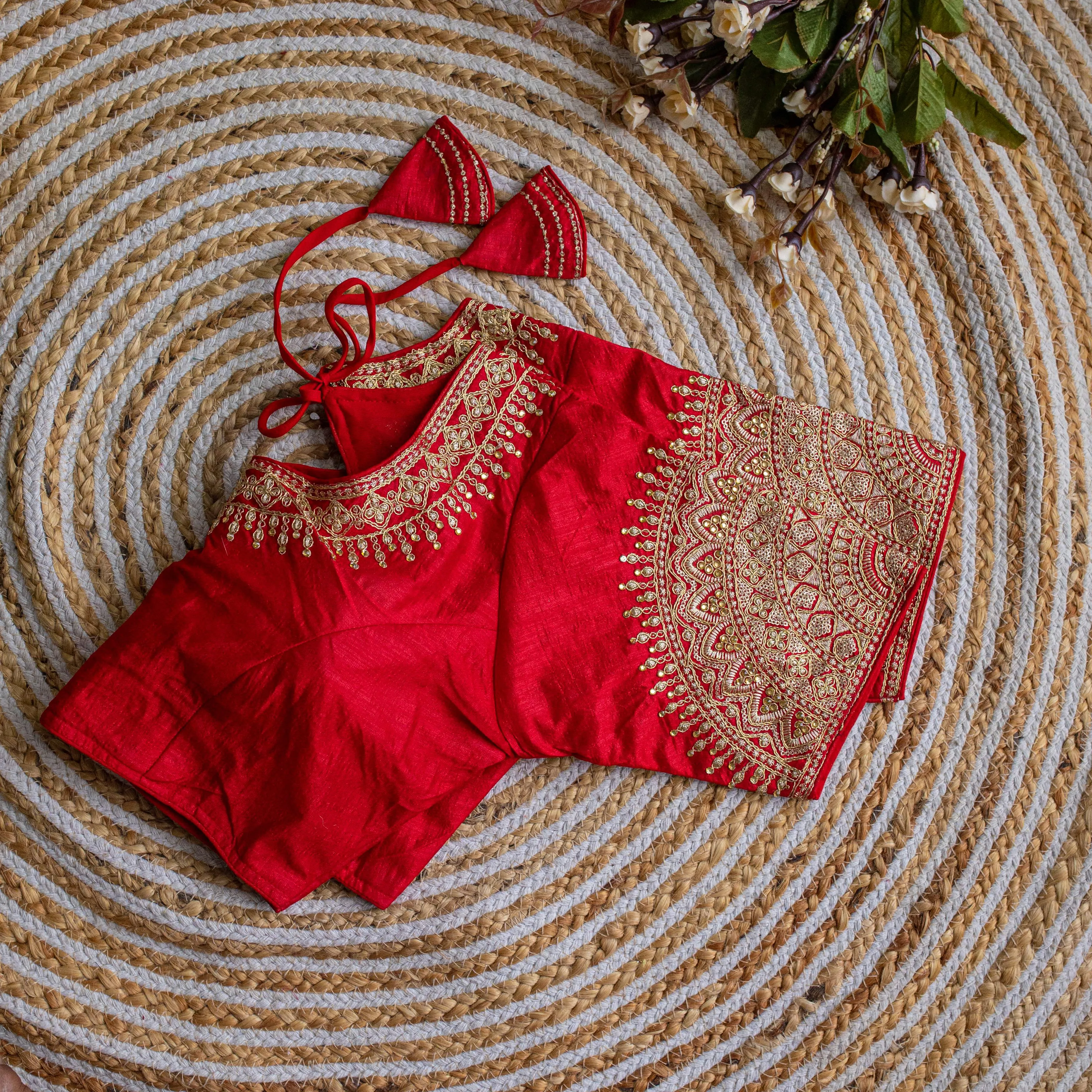 Red Luxurious Lucknowi Silk Blouse with Golden Embroidery and Sequins