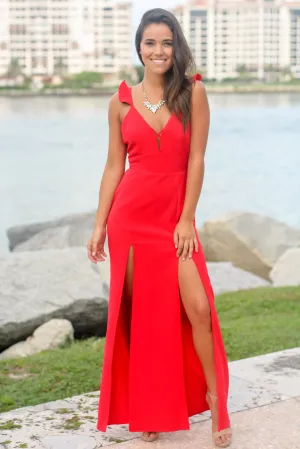 Red Maxi Dress with Lace Up Back