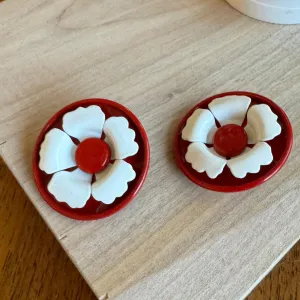 Red Metal Peony Flower Layered Stud Earrings *