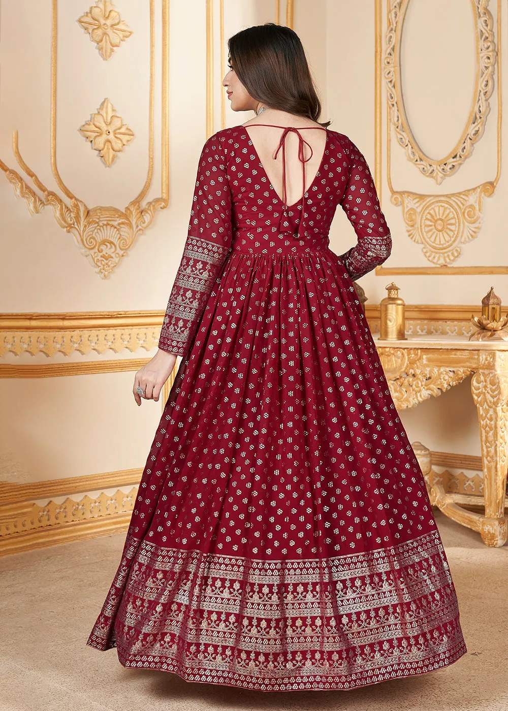 Red Metalic Foil Work Embroidered Wedding Festive Anarkali Gown