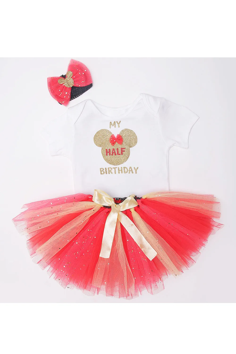 Red minnie half birthday bodysuit with tutu skirt and hairband