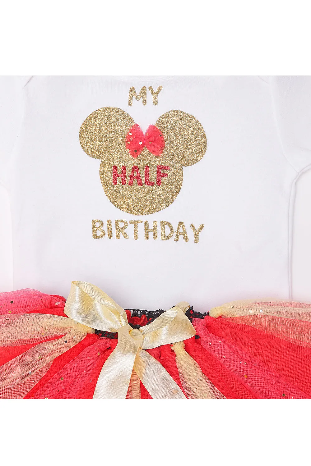 Red minnie half birthday bodysuit with tutu skirt and hairband