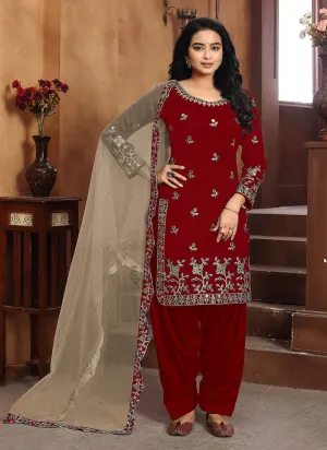 Red Mirror work Embroidered Punjabi Suit