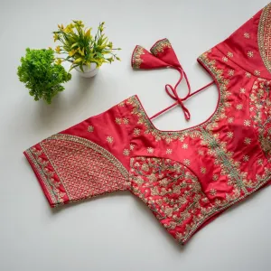 Red Mulmul Silk Blouse with Golden Embroidery and Sequins