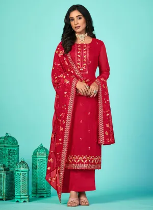 Red Multi Floral Embroidery Traditional Pant Style Suit