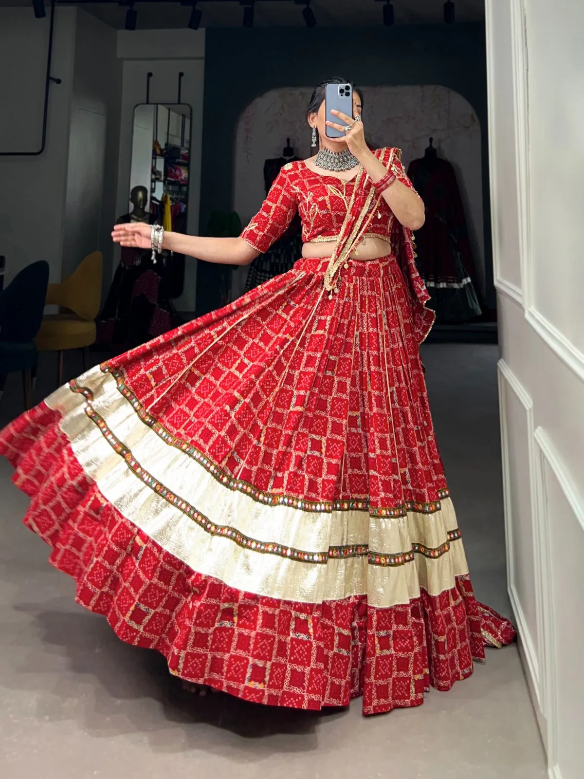 Red Navratri Lehenga Set with Gota Patti Work and Foil Print