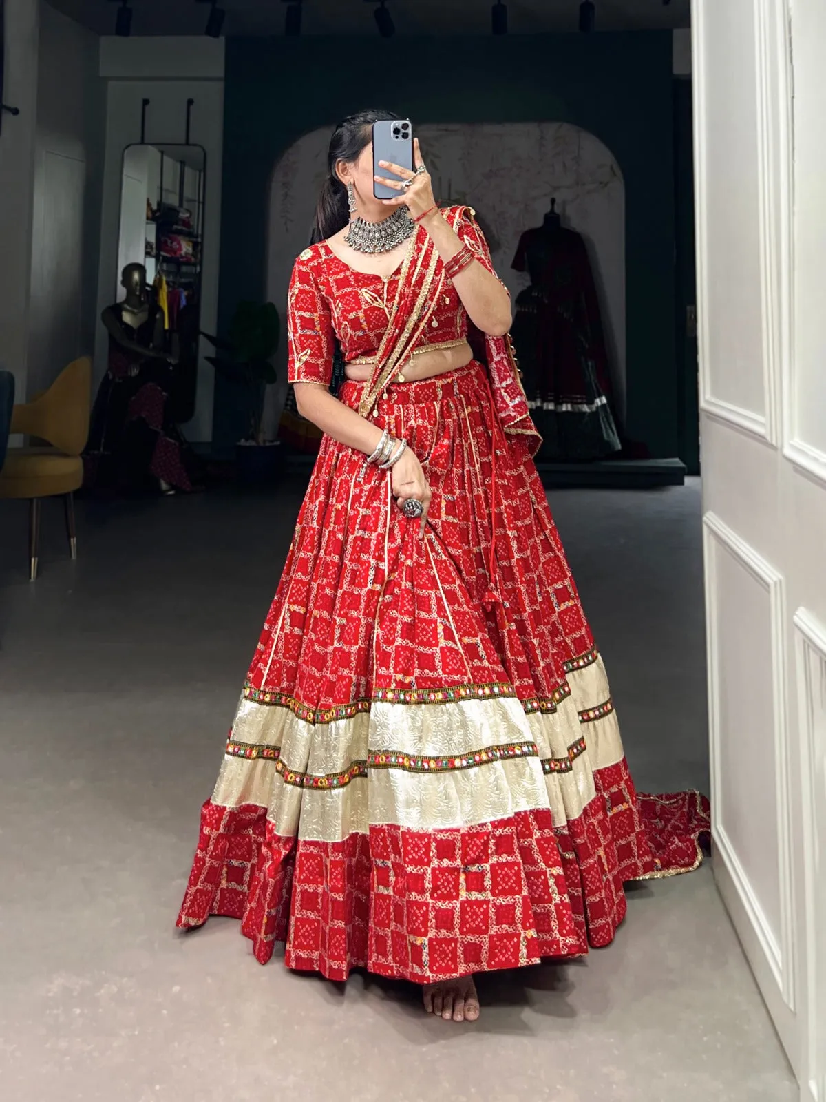 Red Navratri Lehenga Set with Gota Patti Work and Foil Print