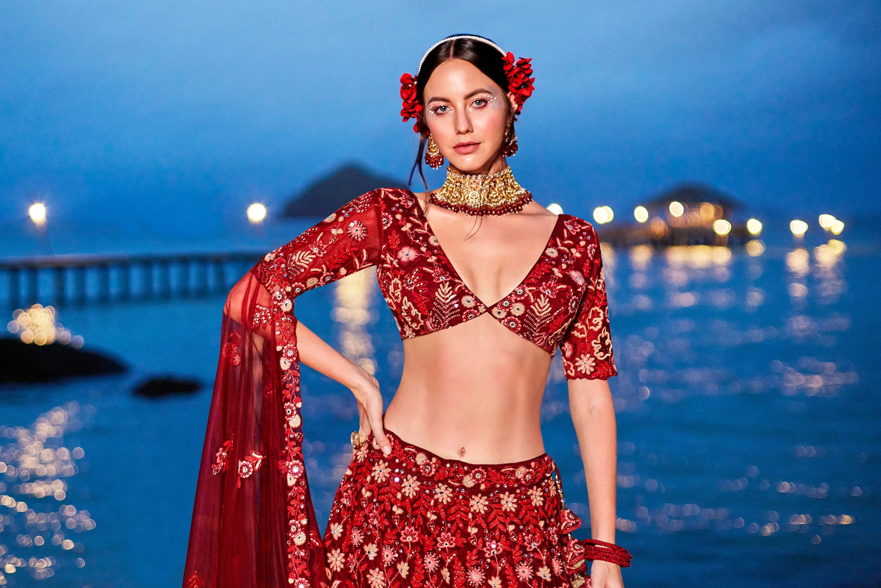 Red Net Sequins, Mirror and thread embroidery Semi-Stitched Lehenga choli & Dupatta