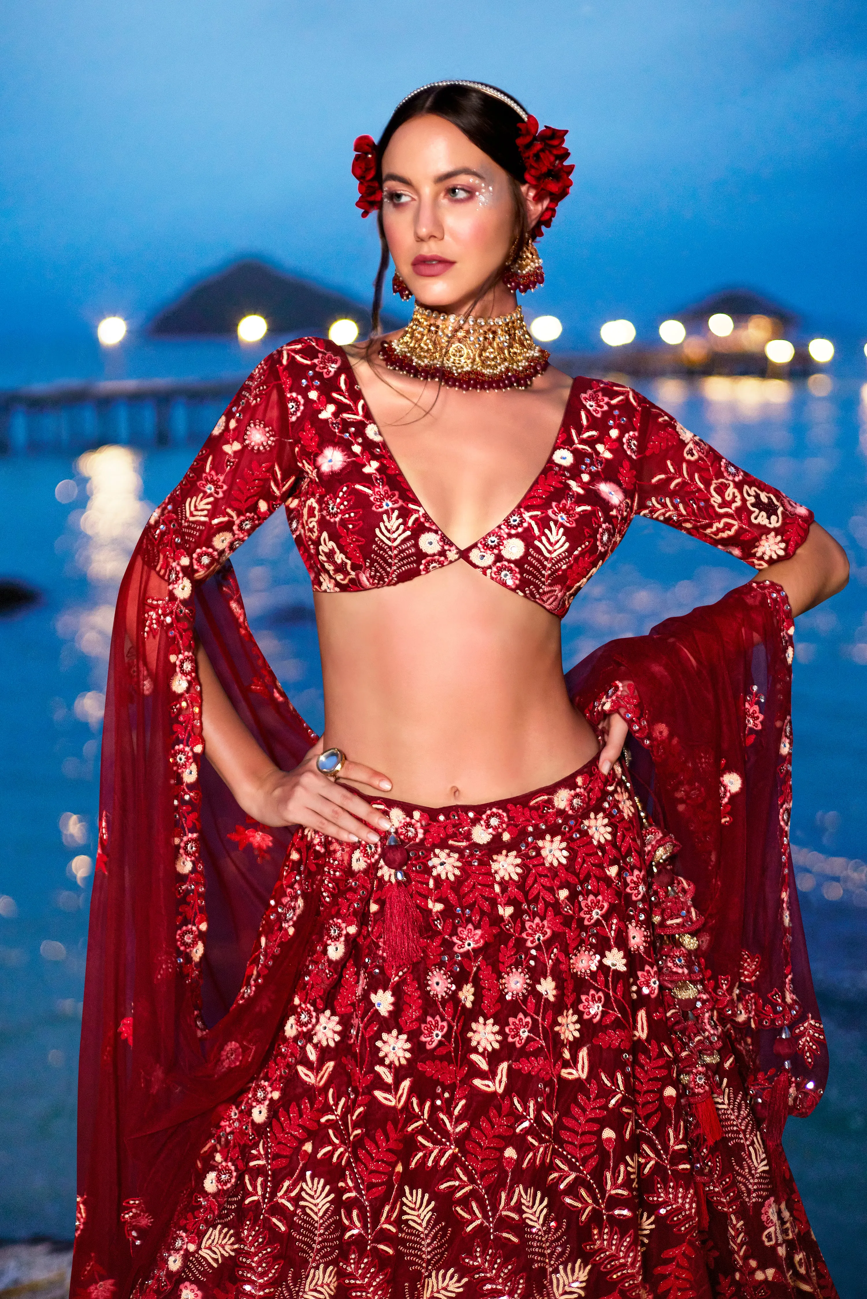 Red Net Sequins, Mirror and thread embroidery Semi-Stitched Lehenga choli & Dupatta