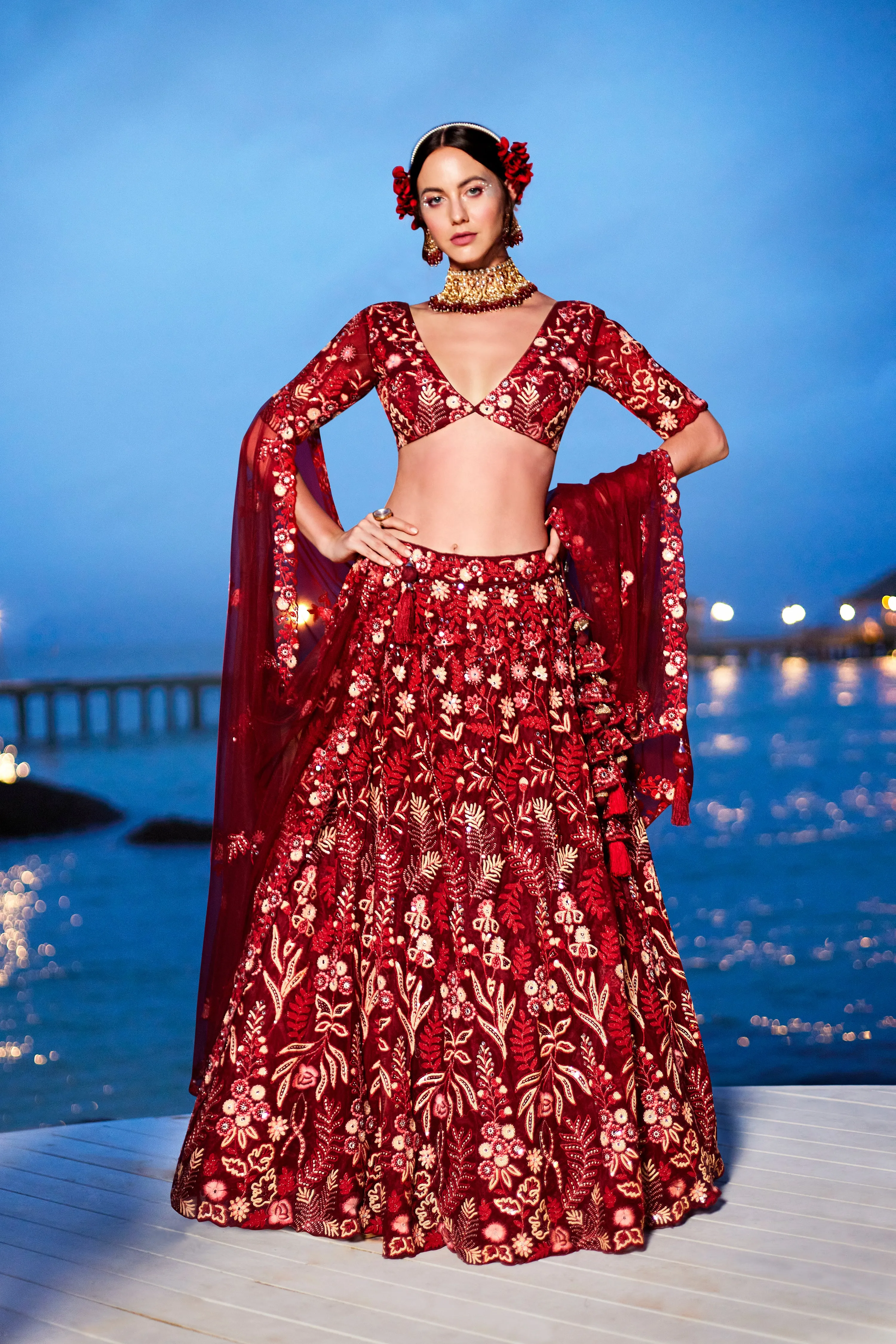 Red Net Sequins, Mirror and thread embroidery Semi-Stitched Lehenga choli & Dupatta