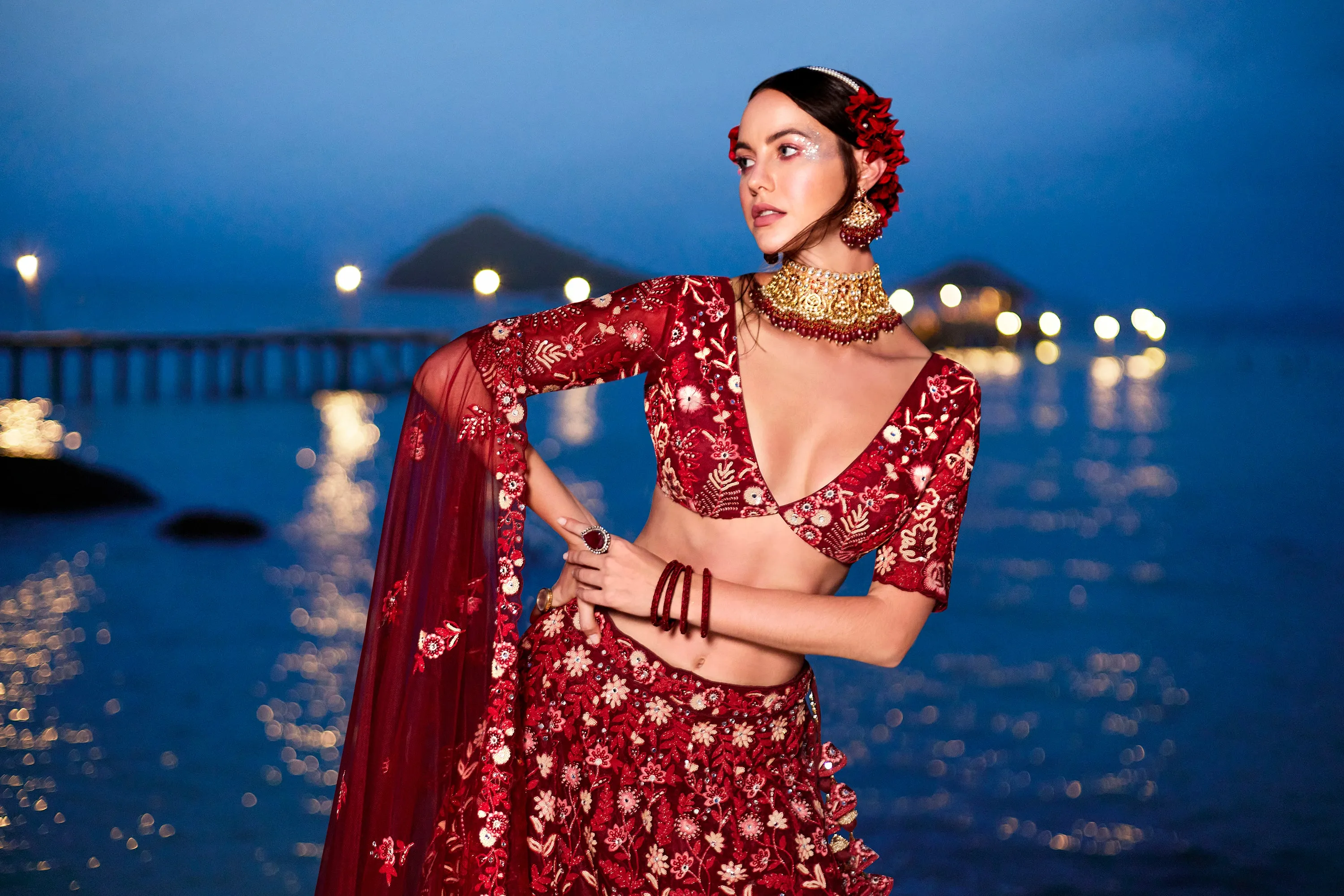 Red Net Sequins, Mirror and thread embroidery Semi-Stitched Lehenga choli & Dupatta