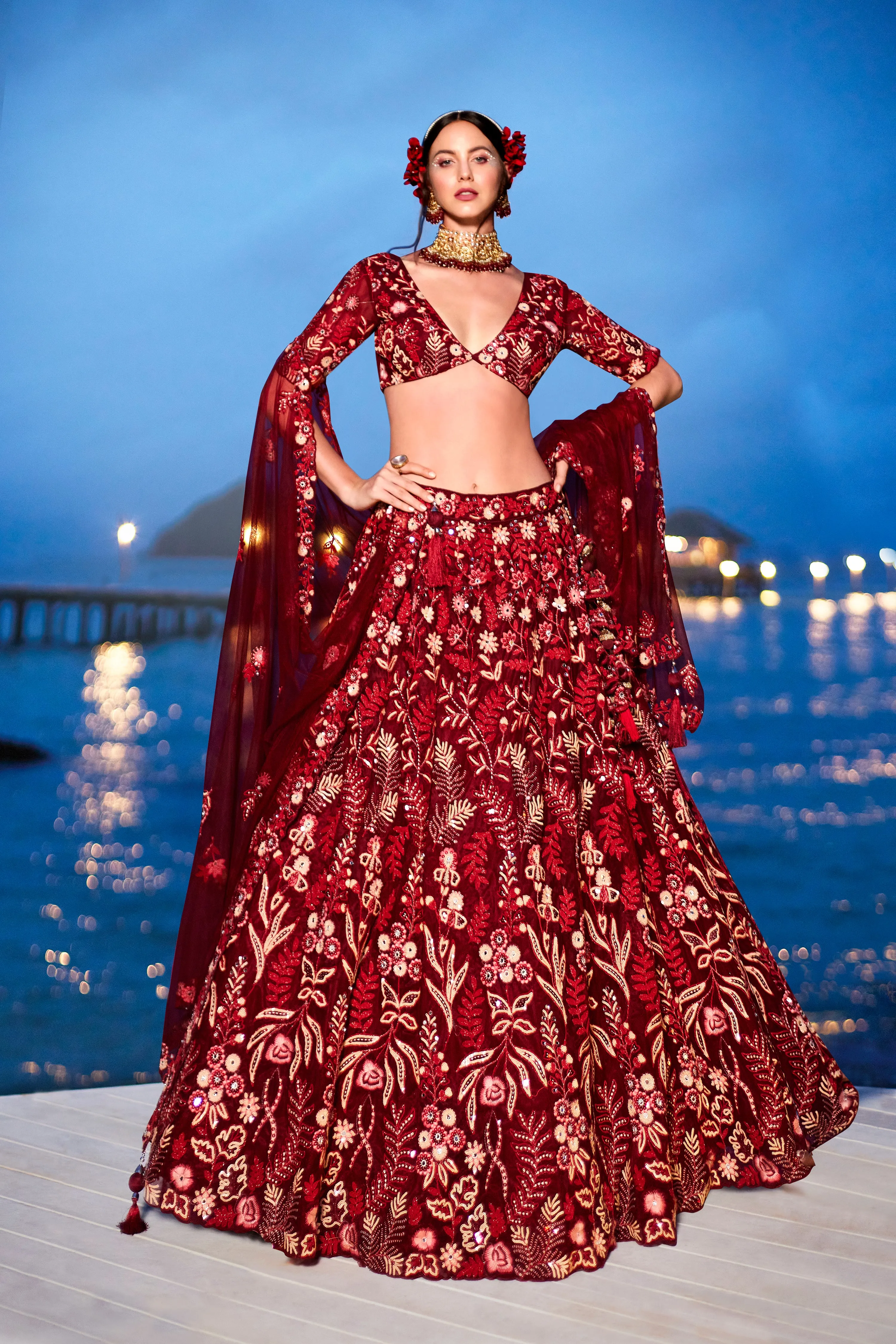 Red Net Sequins, Mirror and thread embroidery Semi-Stitched Lehenga choli & Dupatta