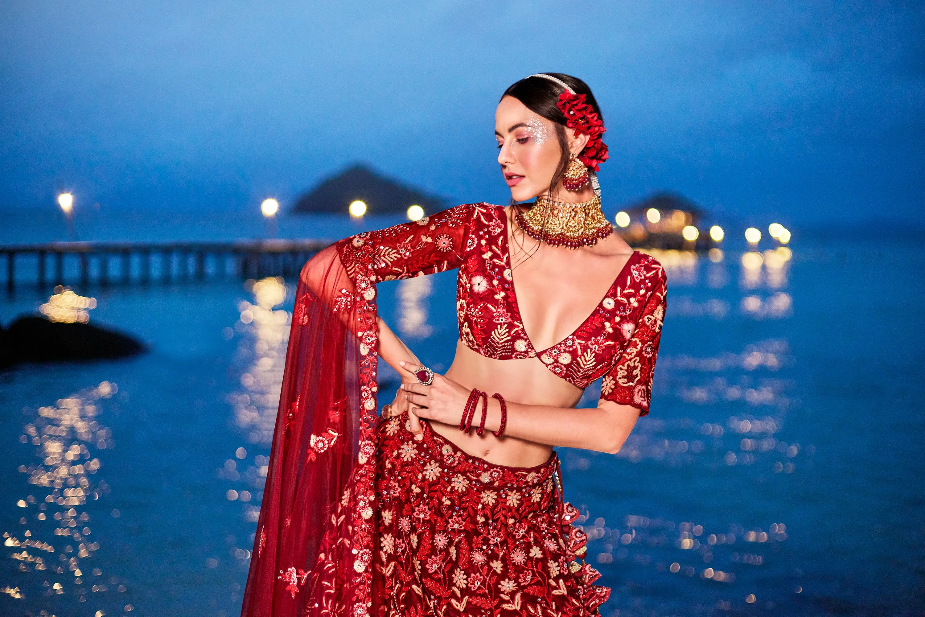 Red Net Sequins, Mirror and thread embroidery Semi-Stitched Lehenga choli & Dupatta