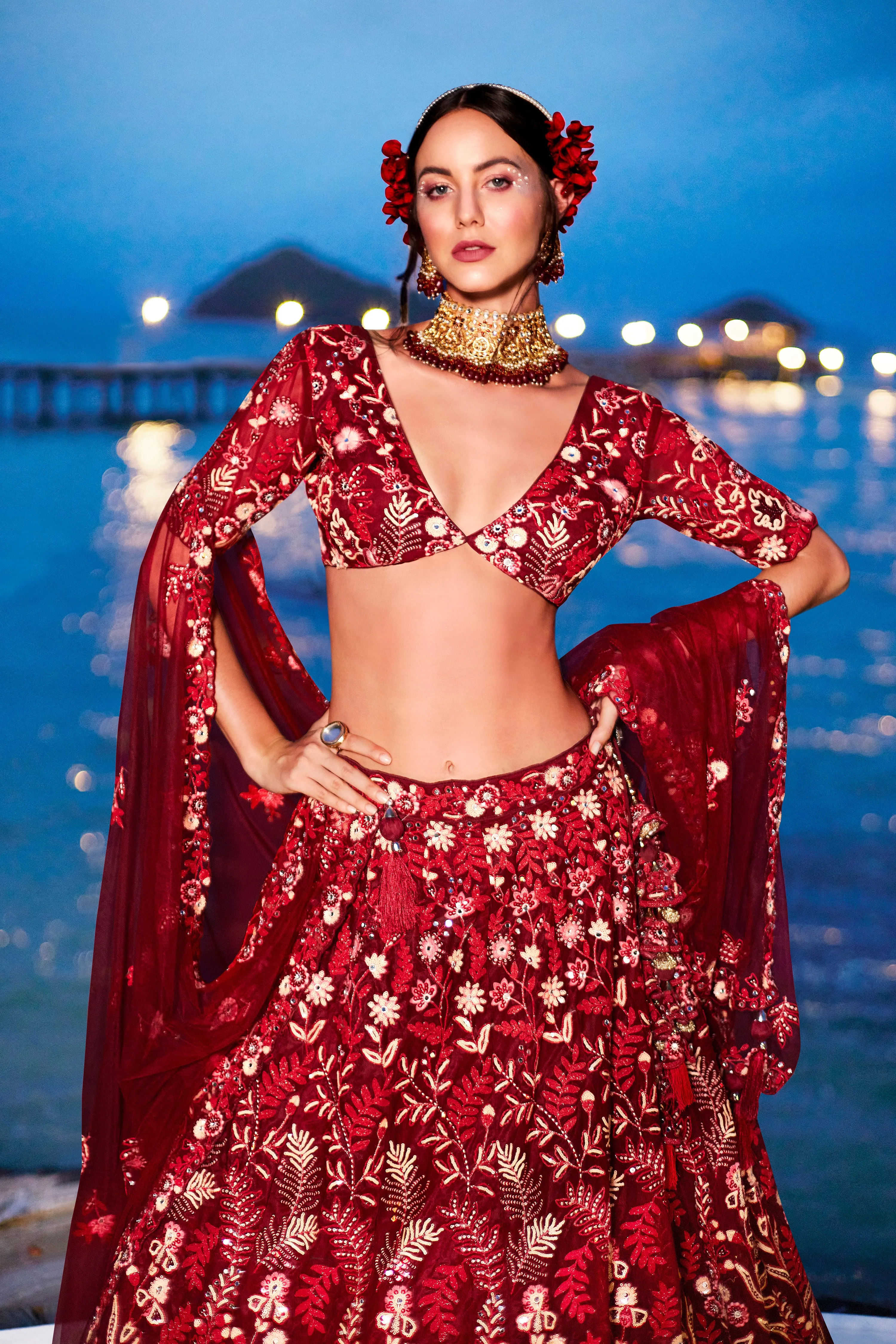 Red Net Sequins, Mirror and thread embroidery Semi-Stitched Lehenga choli & Dupatta