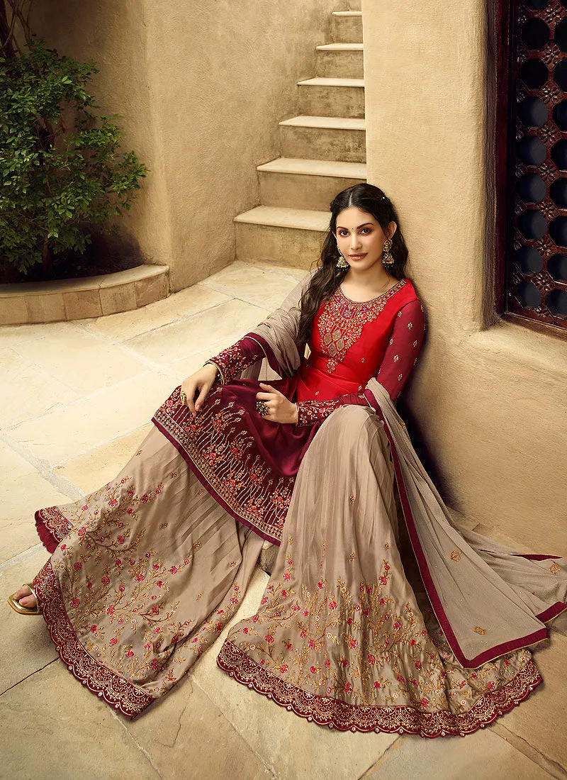 Red Orange And Beige Embroidered Designer Sharara Suit