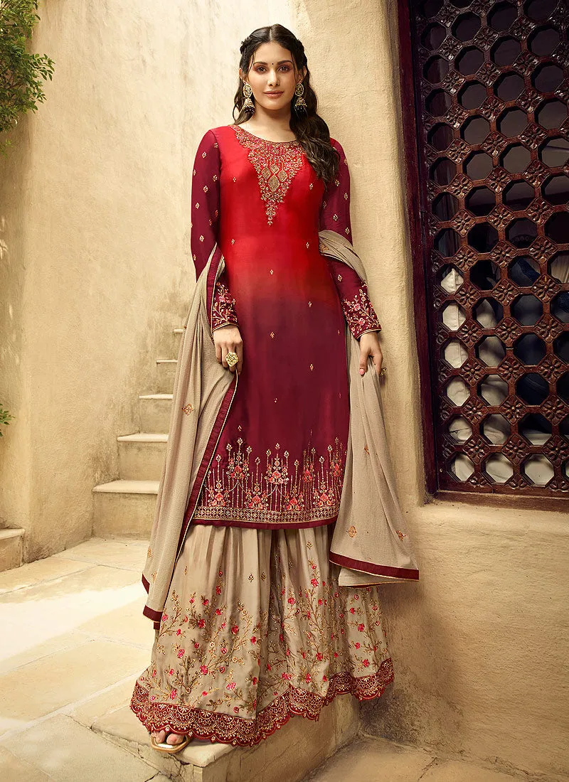 Red Orange And Beige Embroidered Designer Sharara Suit