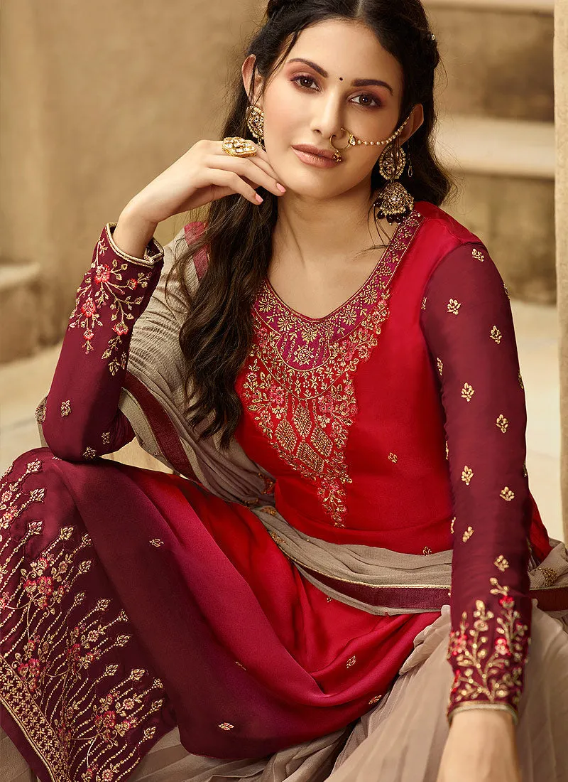 Red Orange And Beige Embroidered Designer Sharara Suit