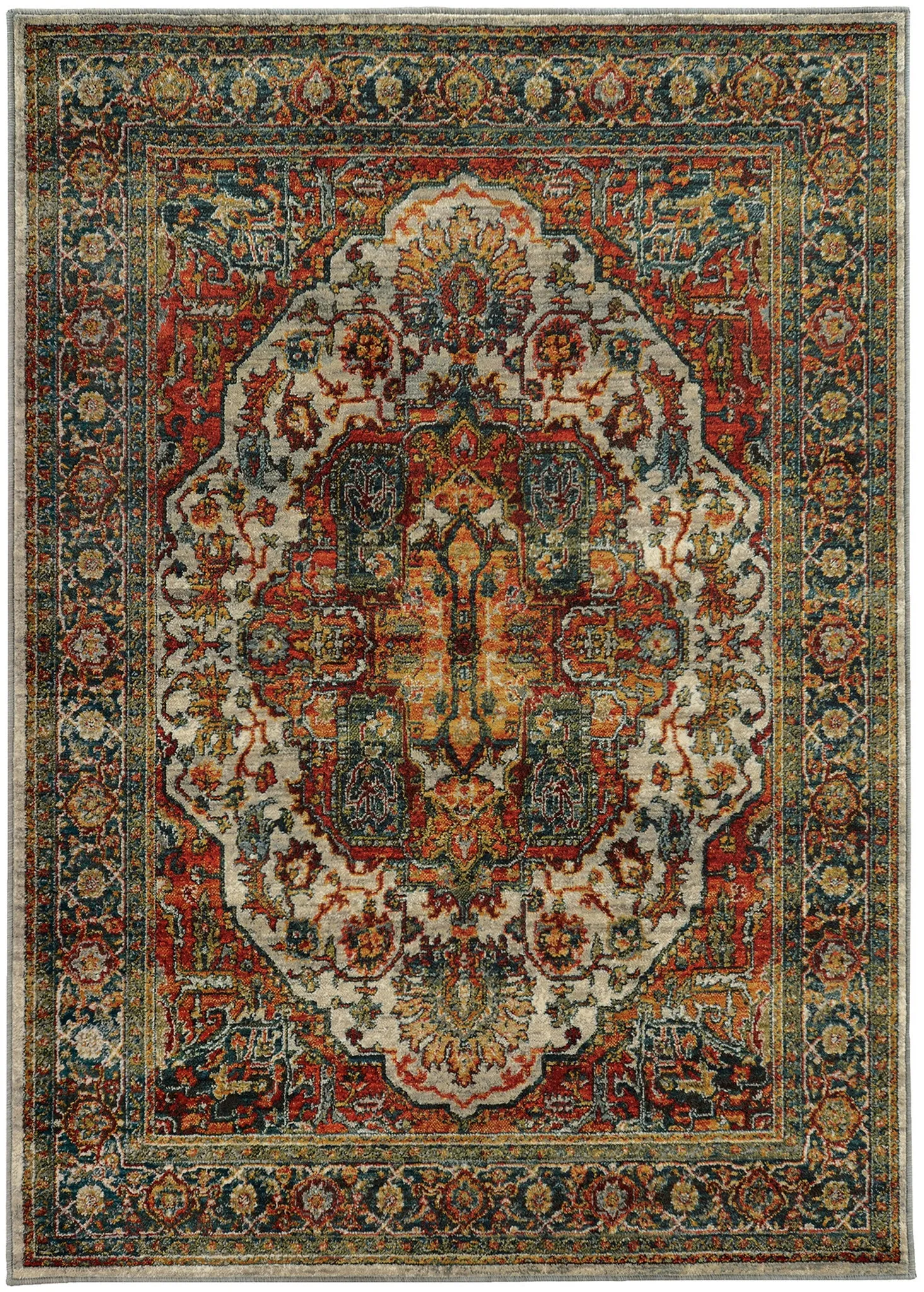 Red Orange and Teal Blue Turkish Style Rug