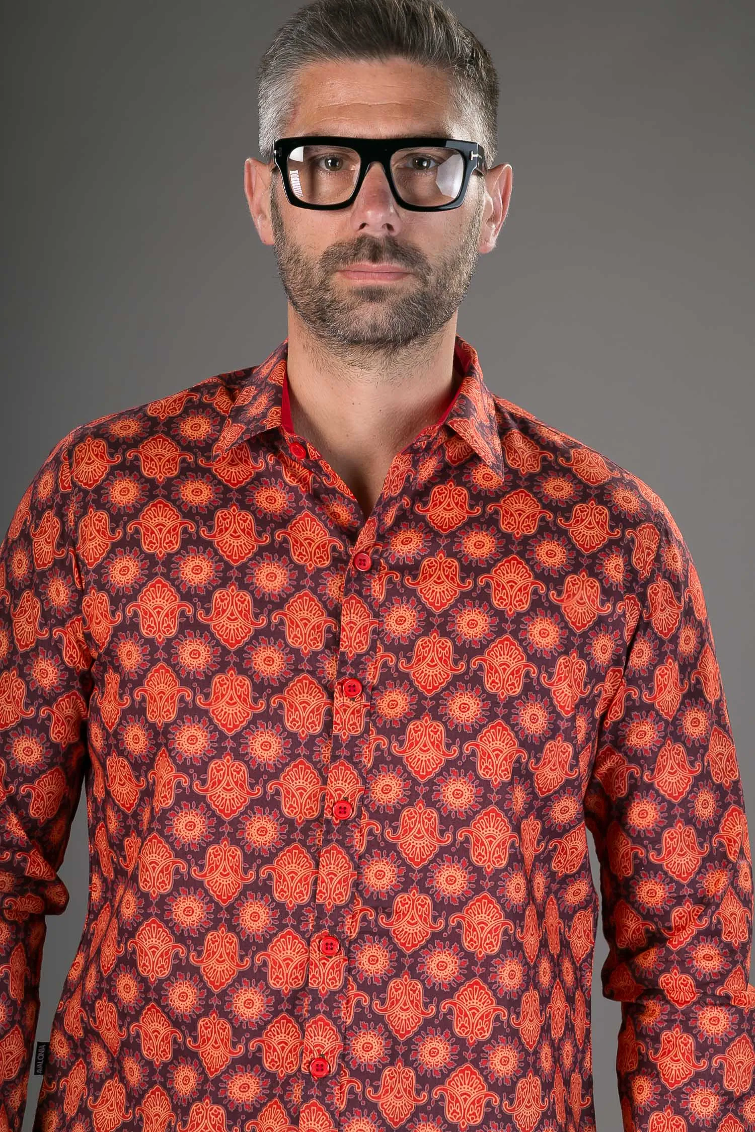 Red Orange Print Cotton Slim-Fit  Long-Sleeve Mens Shirt