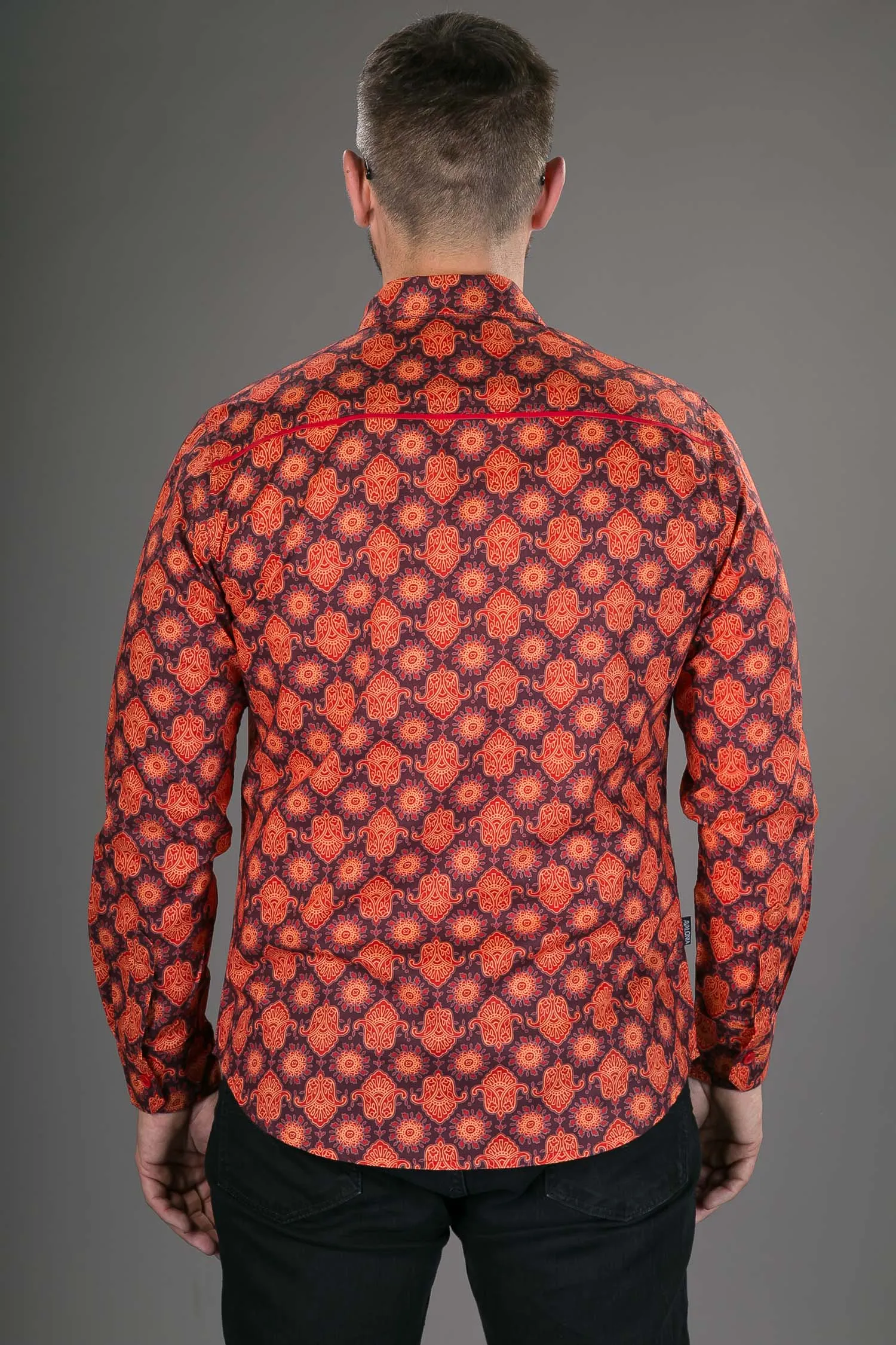 Red Orange Print Cotton Slim-Fit  Long-Sleeve Mens Shirt