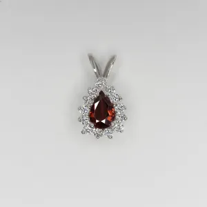 RED ORANGE SAPPHIRE DIAMOND PENDANT 14k WHITE GOLD PEAR SHAPE HALO NECKLACE 1/2c